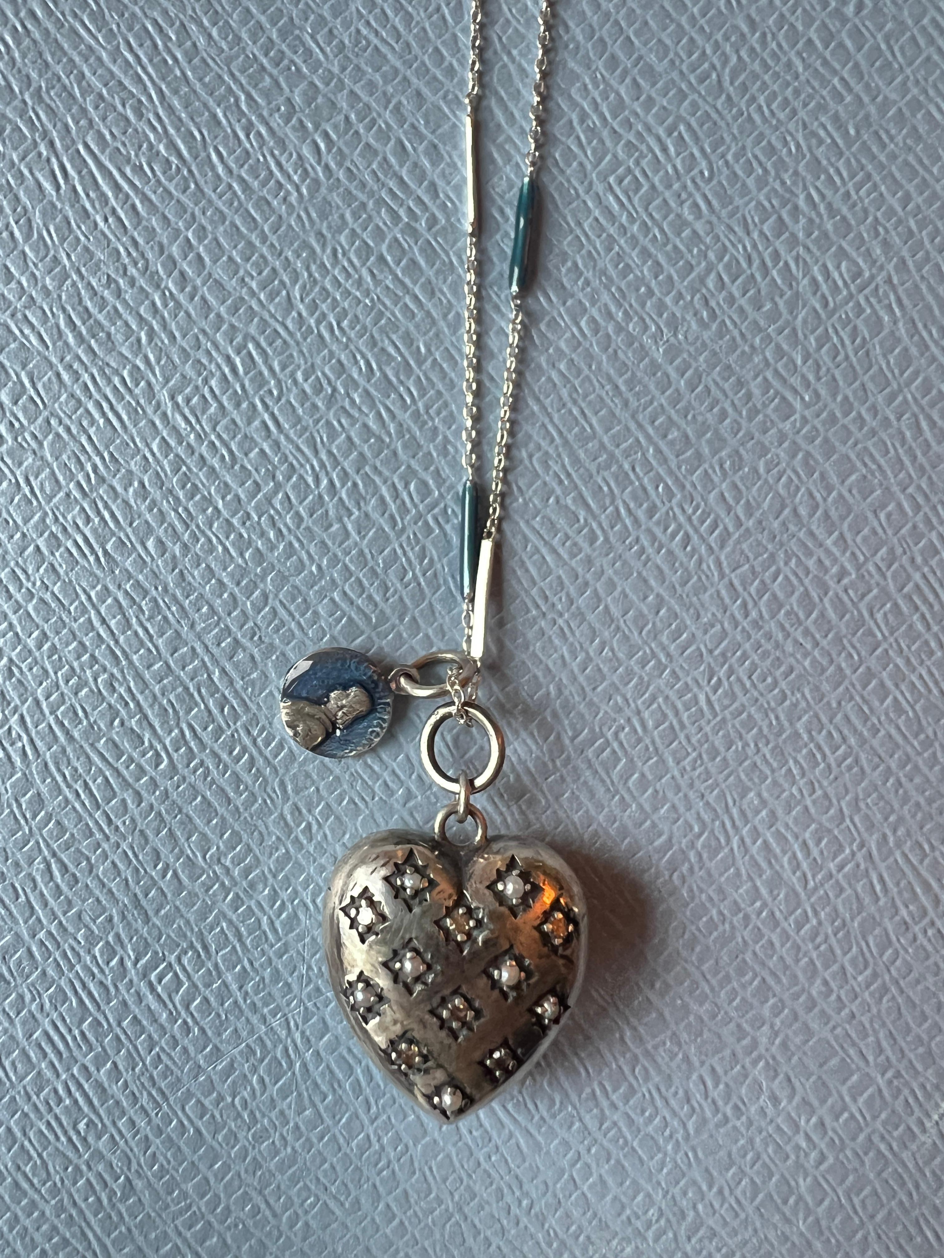 Single Cut White Diamond Silver Heart Necklace For Sale