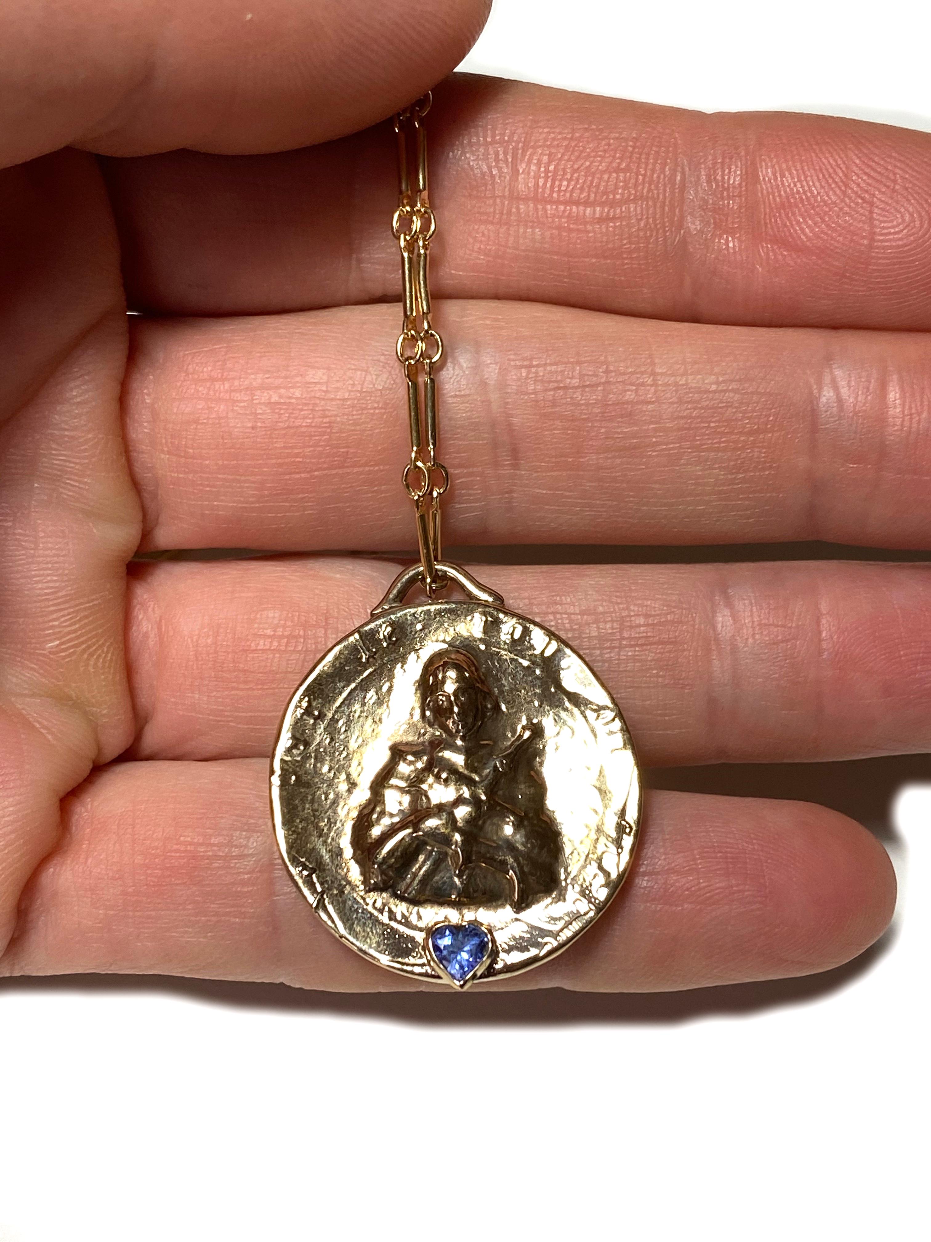 Contemporary Heart Joan of Arc Medal Pendant Gold Vermeil Necklace Tanzanite Chain  J Dauphin For Sale