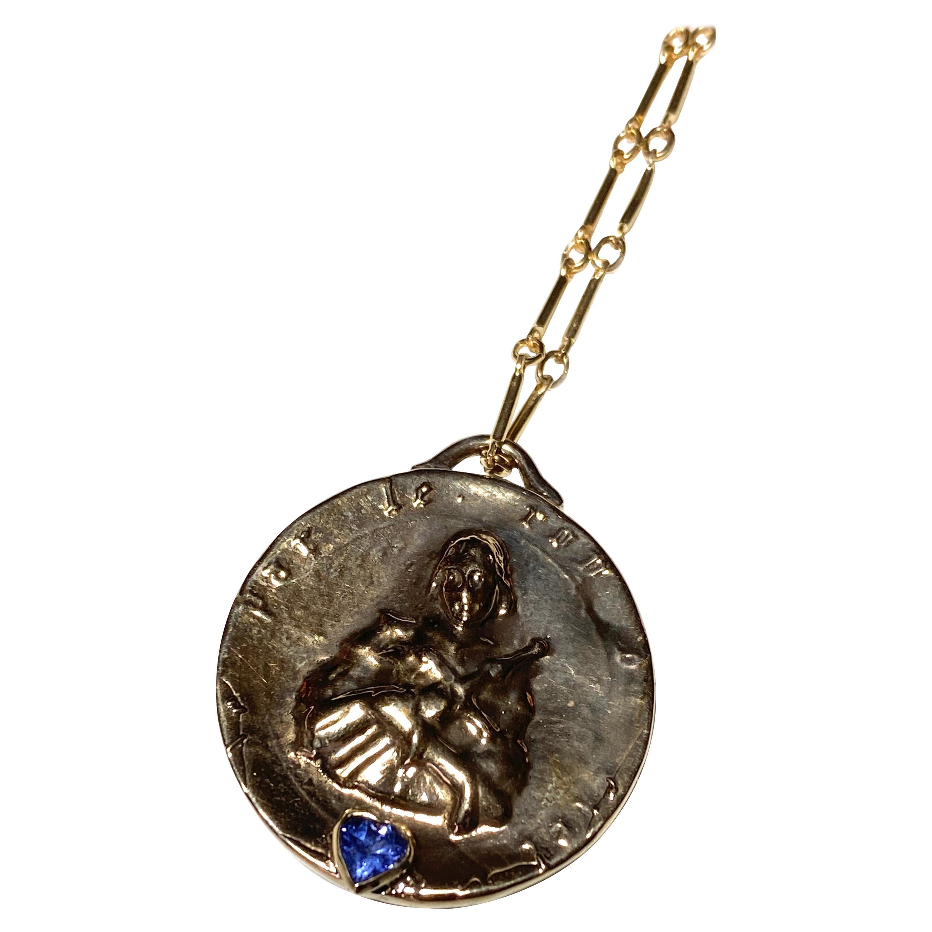 Heart Joan of Arc Medal Pendant Gold Vermeil Necklace Tanzanite Chain  J Dauphin For Sale