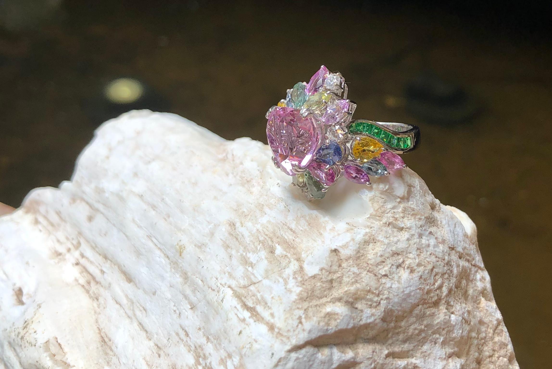 Heart Kunzite with Multi-Color Sapphire, Tsavorite Ring Set in 18K White Gold  For Sale 5