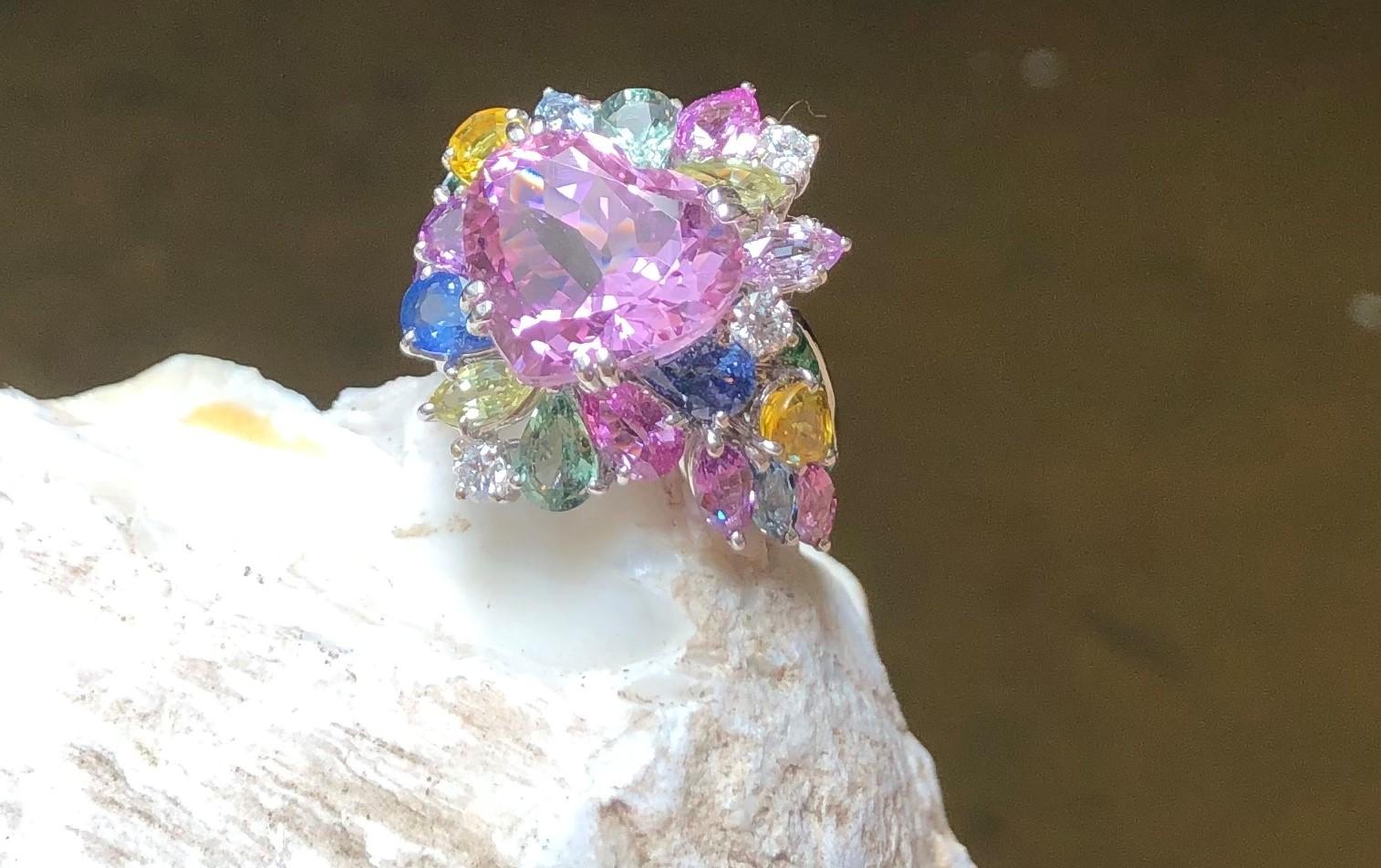 Heart Kunzite with Multi-Color Sapphire, Tsavorite Ring Set in 18K White Gold  For Sale 6