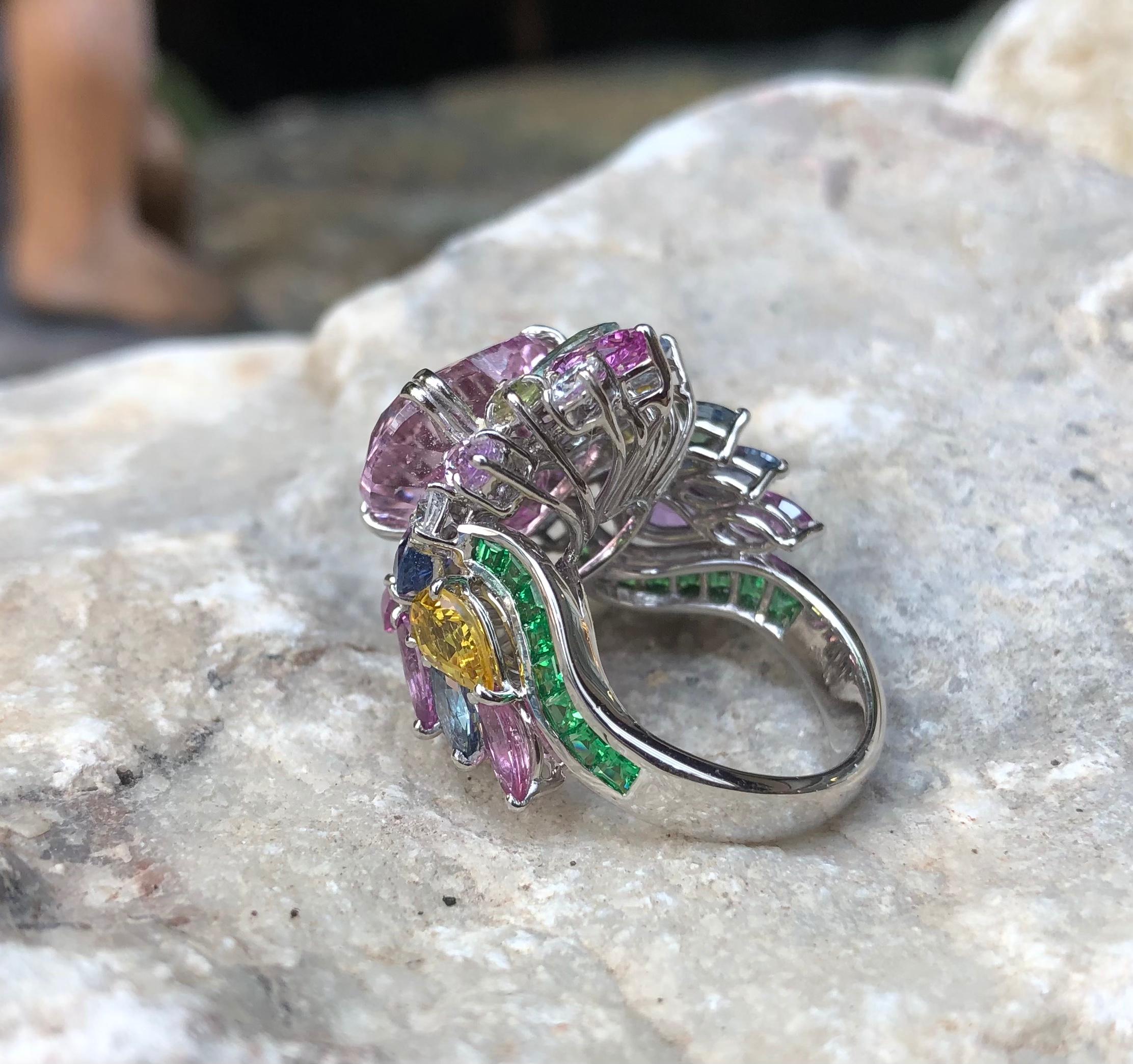 Heart Kunzite with Multi-Color Sapphire, Tsavorite Ring Set in 18K White Gold  For Sale 7