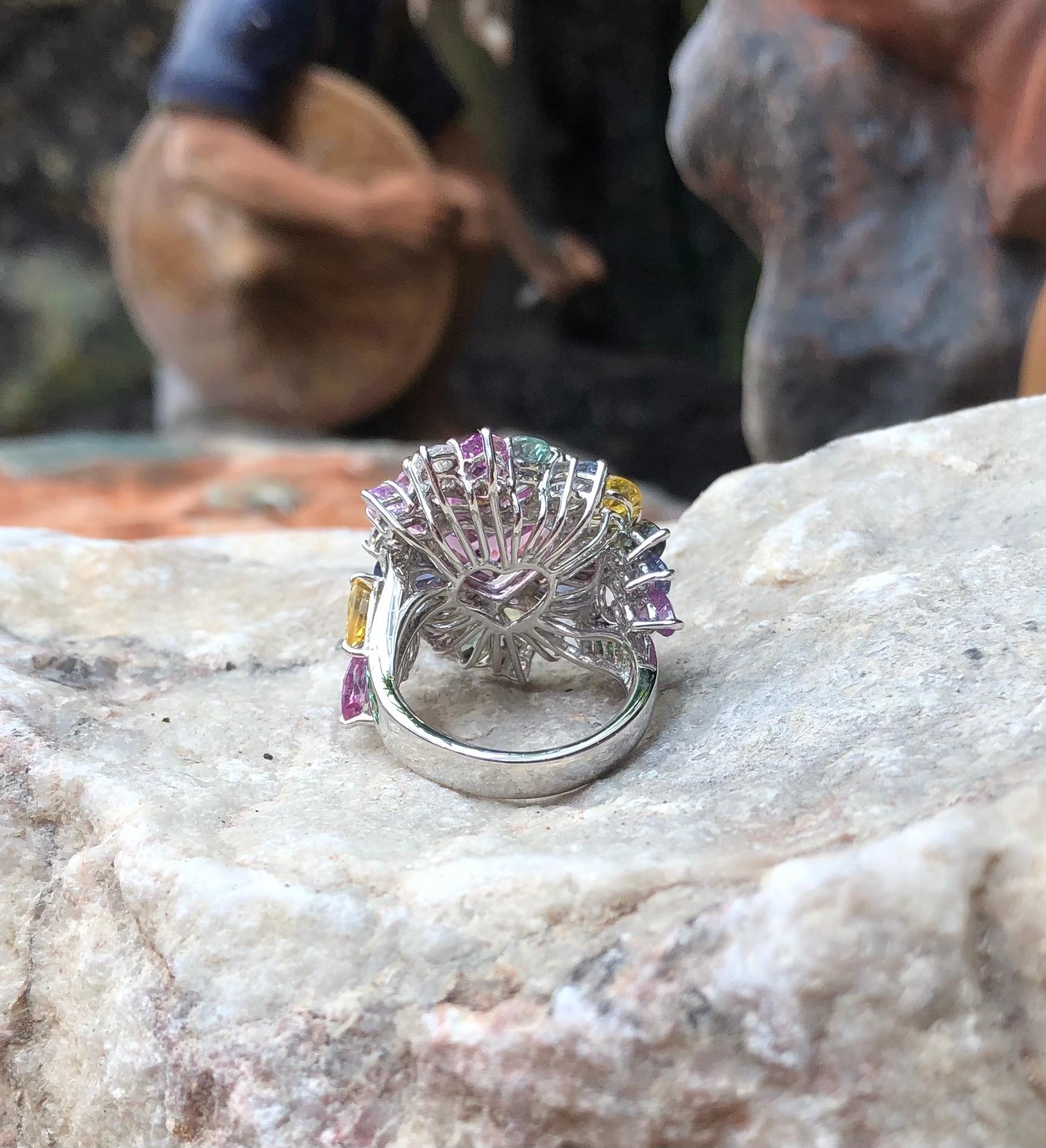 Herz Kunzit mit mehrfarbigem Saphir, Tsavorit Ring in 18K Weißgold gefasst im Angebot 10
