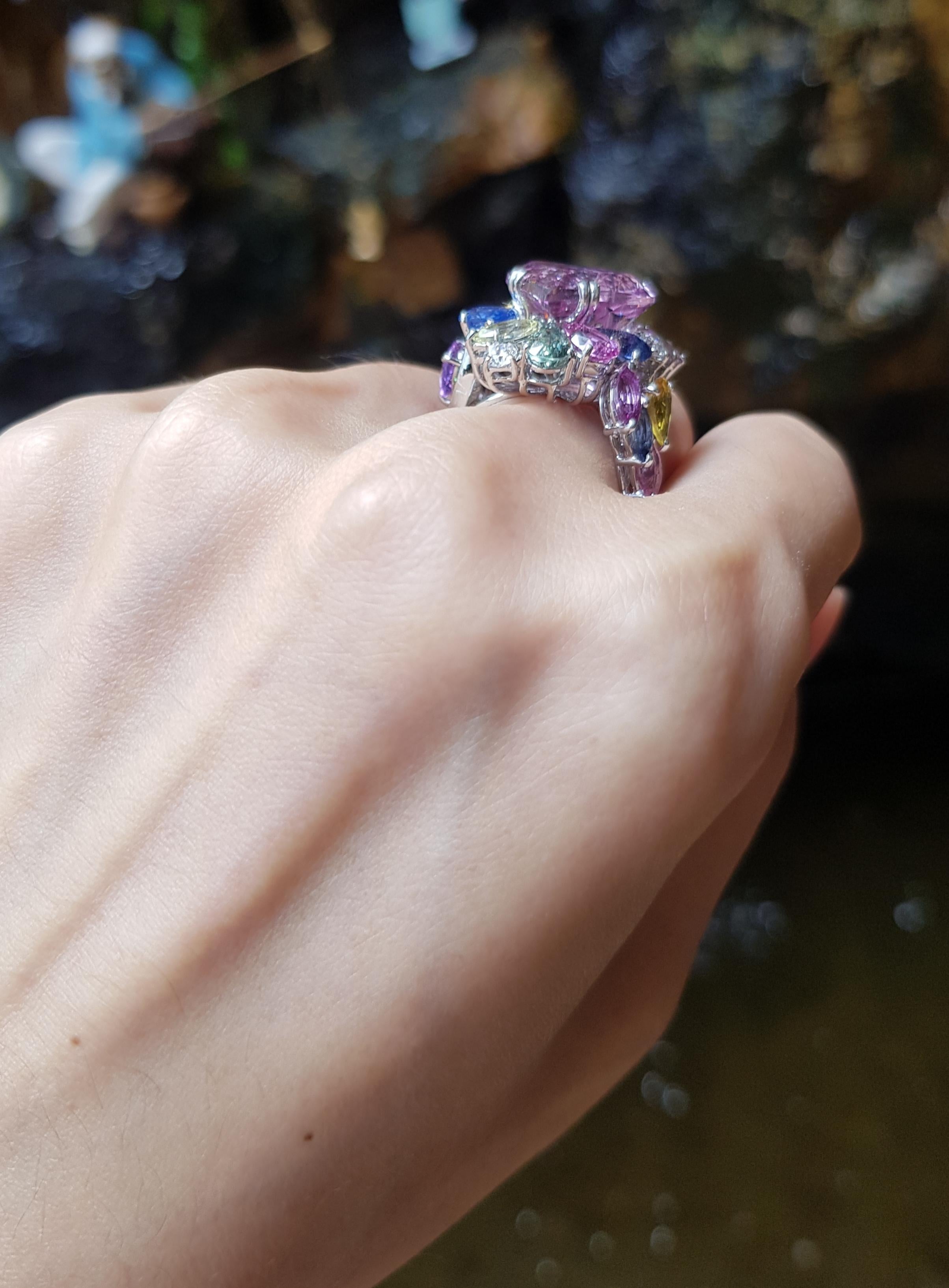 Mixed Cut Heart Kunzite with Multi-Color Sapphire, Tsavorite Ring Set in 18K White Gold  For Sale
