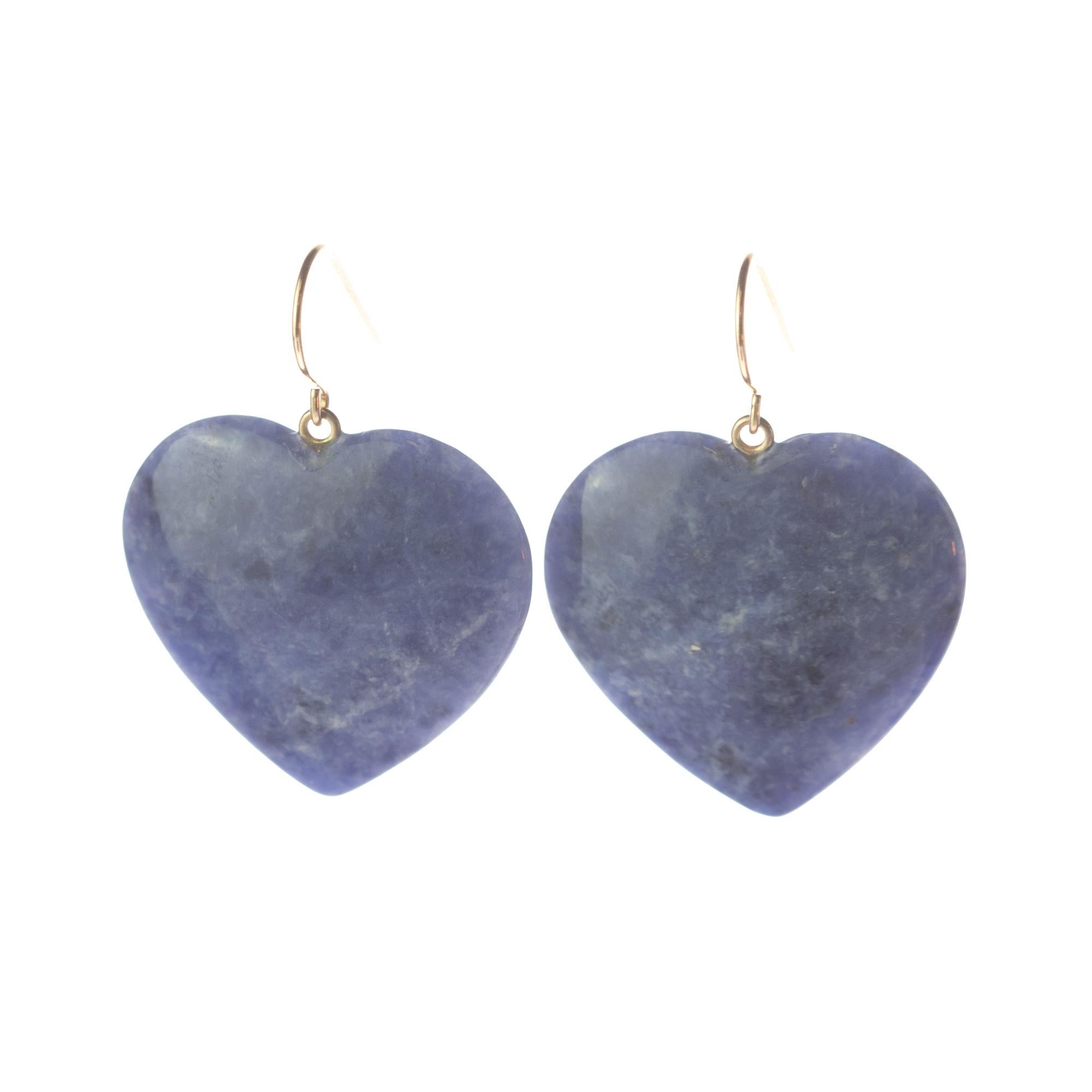 Arts and Crafts Heart Lapis Lazuli 18 Karat Yellow Gold Drop Modern Cocktail Chic Earrings For Sale