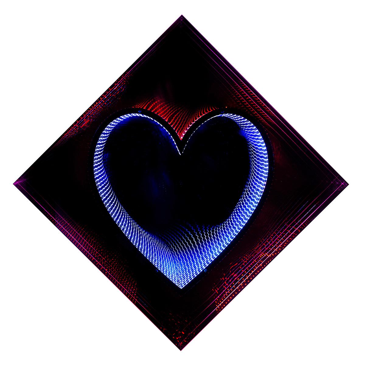 Mirror wall decoration heart light made with led lights
with mirrored glass and plexiglass creating an infiny mirrored
effect through a heart shape. With colors changing option with
remote control. Exceptional piece made in 2020 by Raphael Fenice.