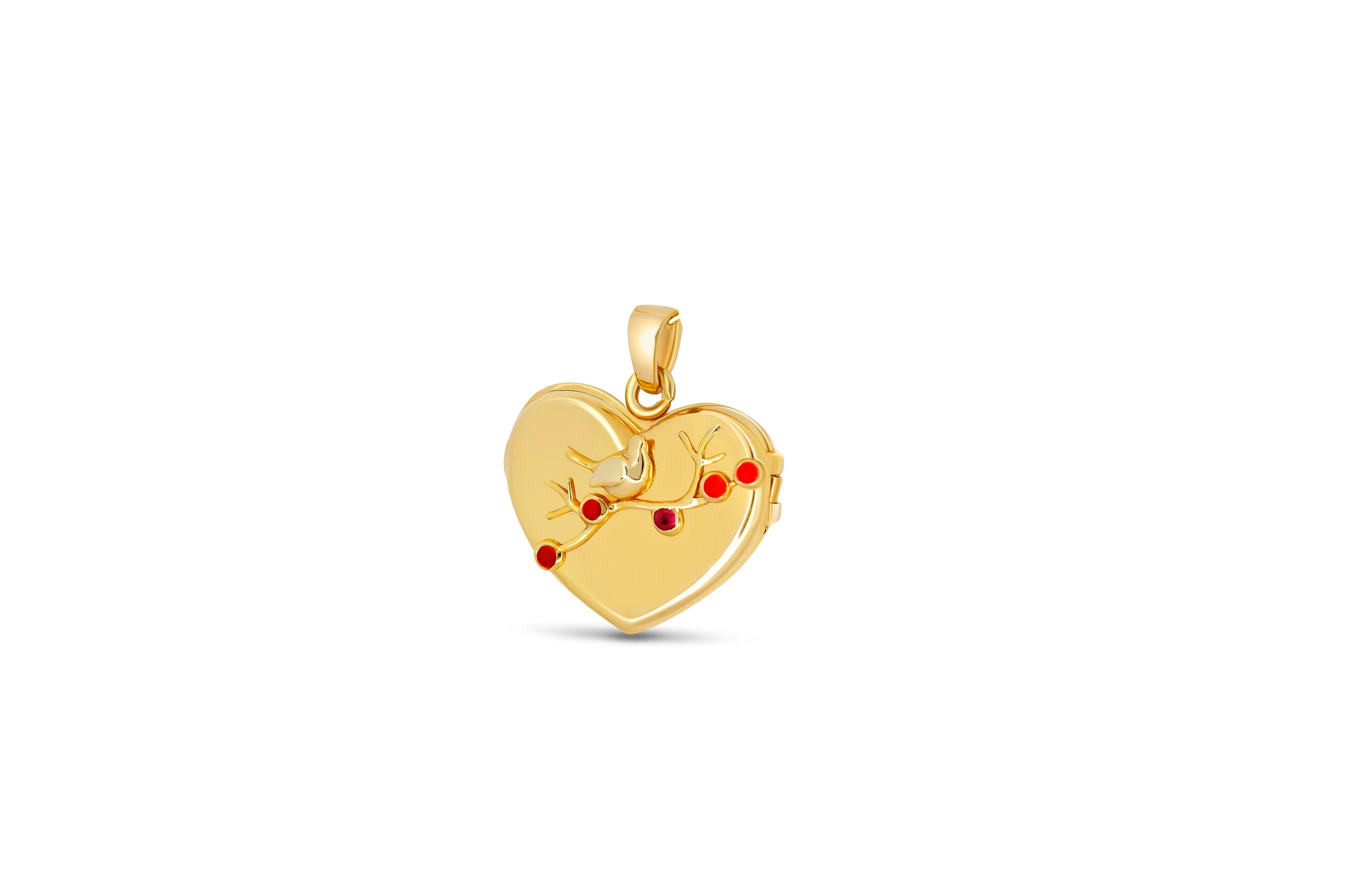 Heart Locket Charm Necklace in 14k gold. Bullfinch on branch with rubies pendant. Heart Locket Necklace For Photo. Heart Locket that Opens. Gift for MOM in 14k gold. Bird pendant necklace.  Picture Gold Necklace Pendant. Art Nouveau, Vintage style