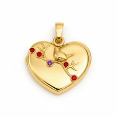 14k Gold Heart Locket Charm Necklace with Rubies - Modern Design