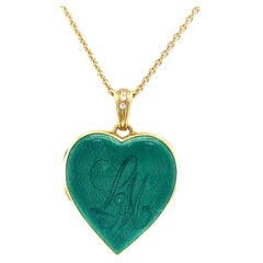 Heart Locket Necklace 18k Yellow Gold Emerald Green Enamel 3 Diamonds 0.03ct