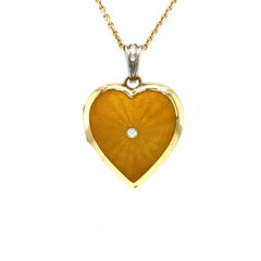 Heart Locket Pendant Necklace 18k Yellow Gold White Gold Enamel 4 Diamonds 0.8ct