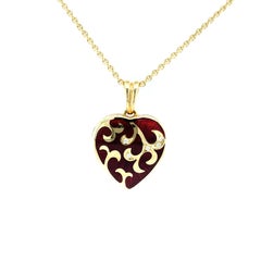 Heart Locket Pendant Necklace 18k Yellow Gold Red Enamel 5 Diamonds 0.05ct H VS