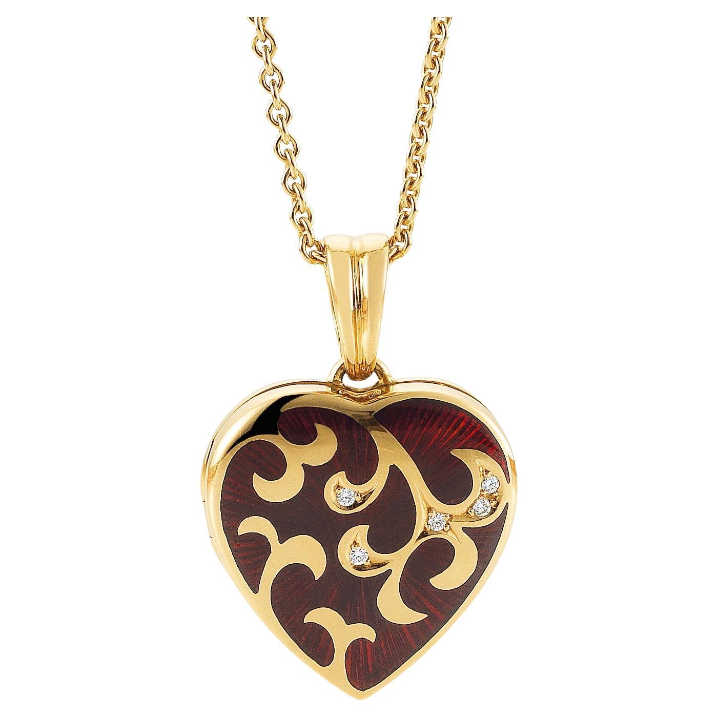 Heart Locket Pendant Necklace 18k Yellow Gold Red Enamel 5 Diamonds 0.05ct H VS For Sale