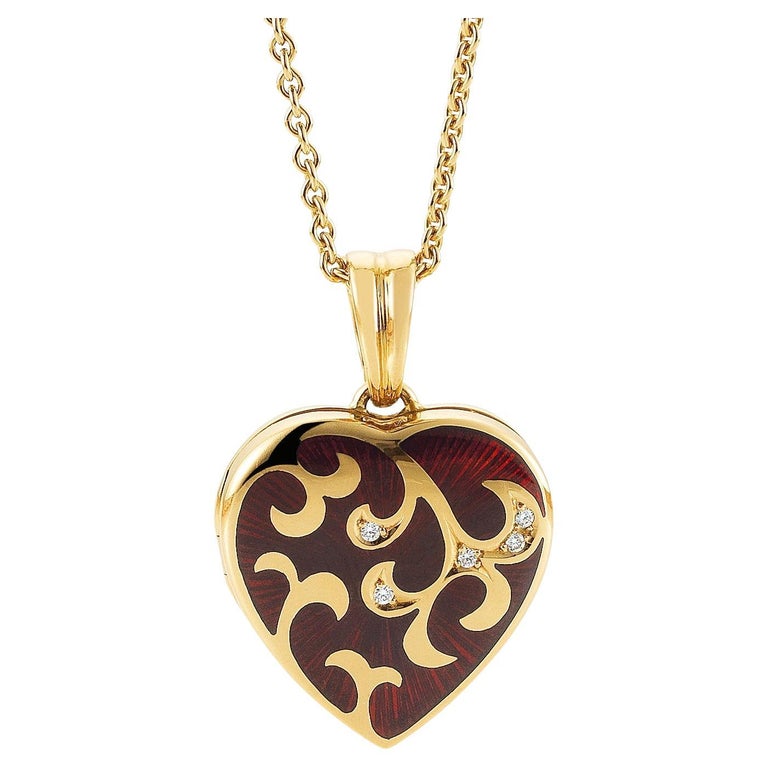 Heart Locket Pendant Necklace 18k Yellow Gold Red Enamel 5 Diamonds 0