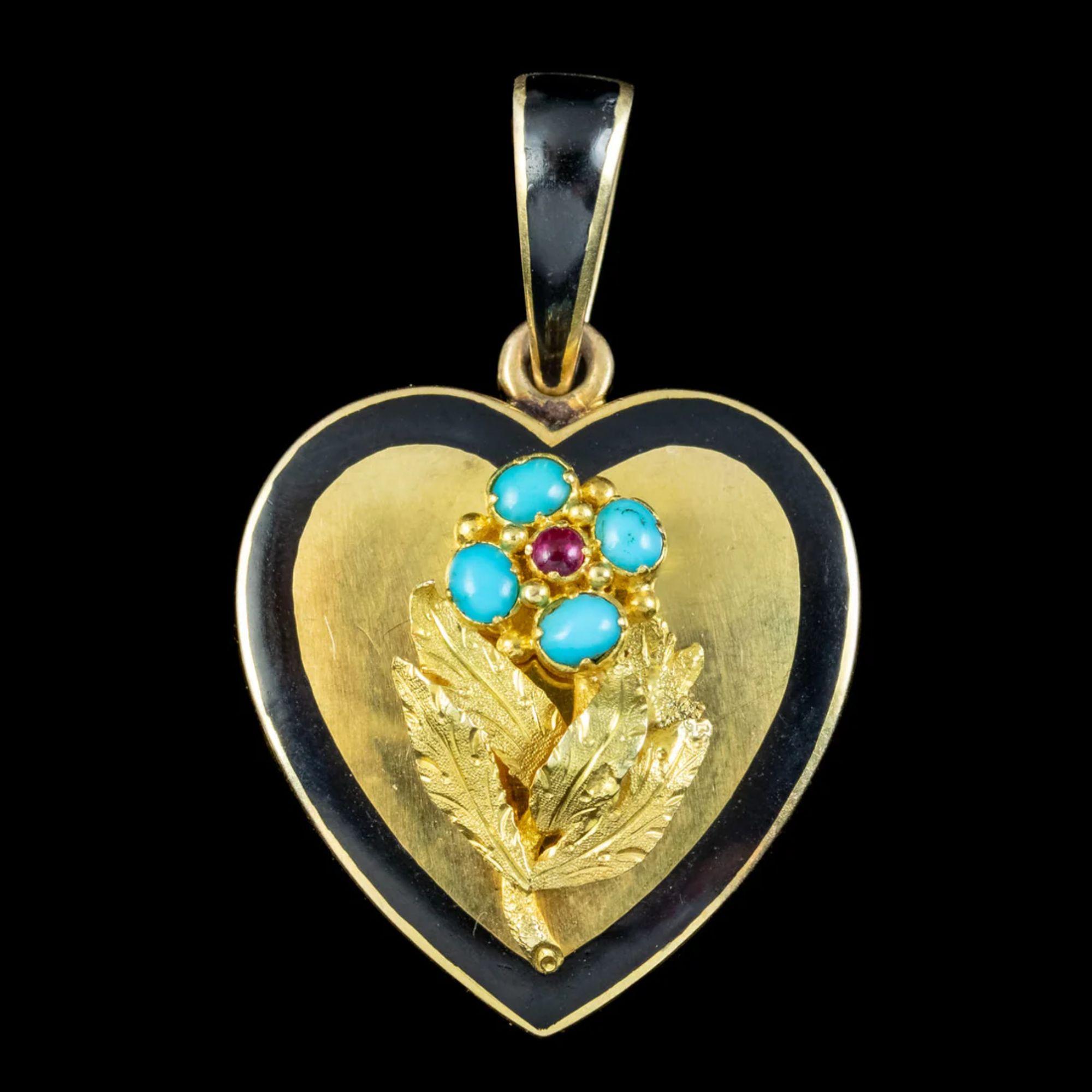 A sweet antique late Victorian heart pendant featuring a high relief forget me not in the centre topped with four turquoise petals and a cabochon ruby in the centre.

Turquoise is considered a stone of good fortune and has long been associated with