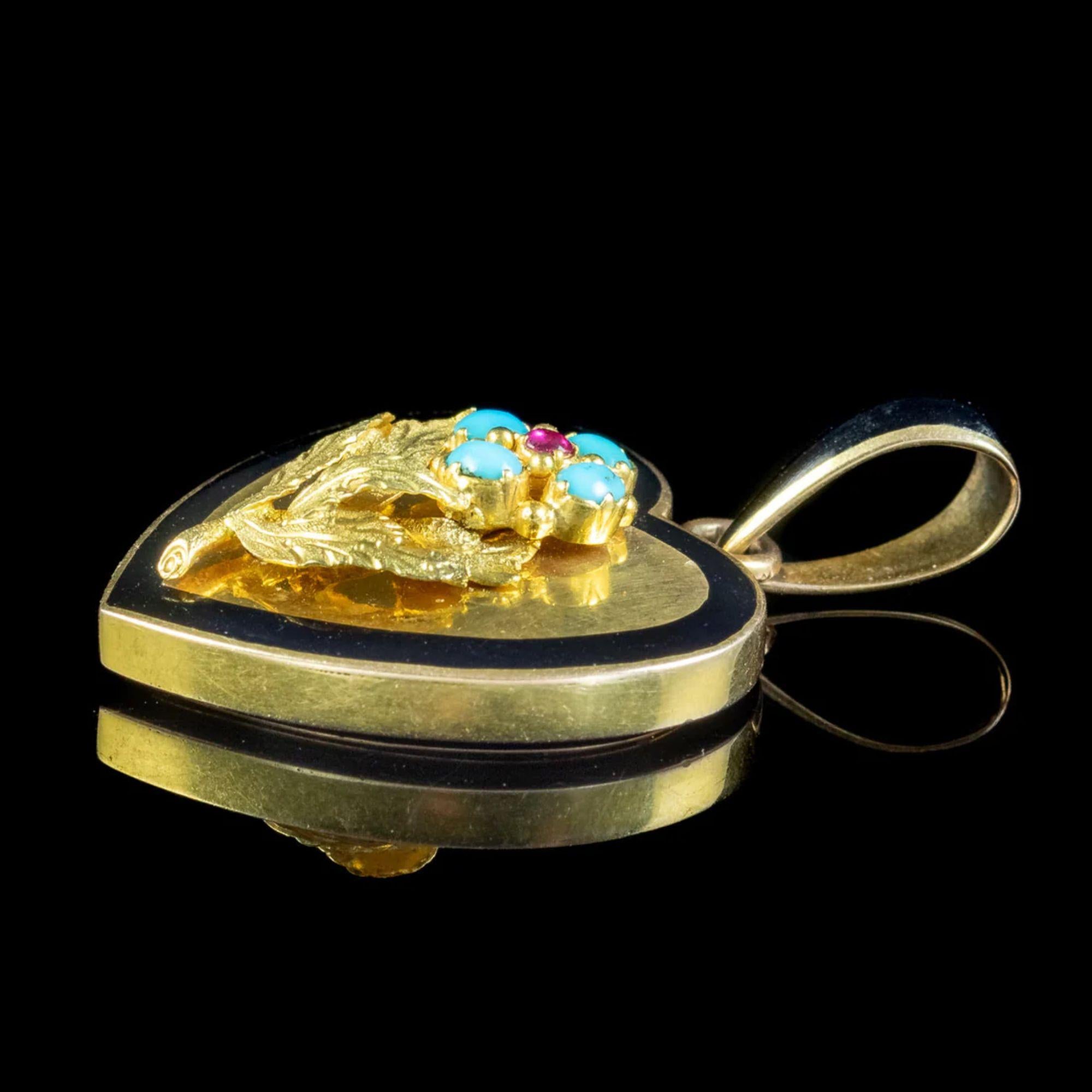 Bead Heart Locket Turquoise Ruby Forget Me Not in 18 Carat Gold, circa 1880-1910 For Sale