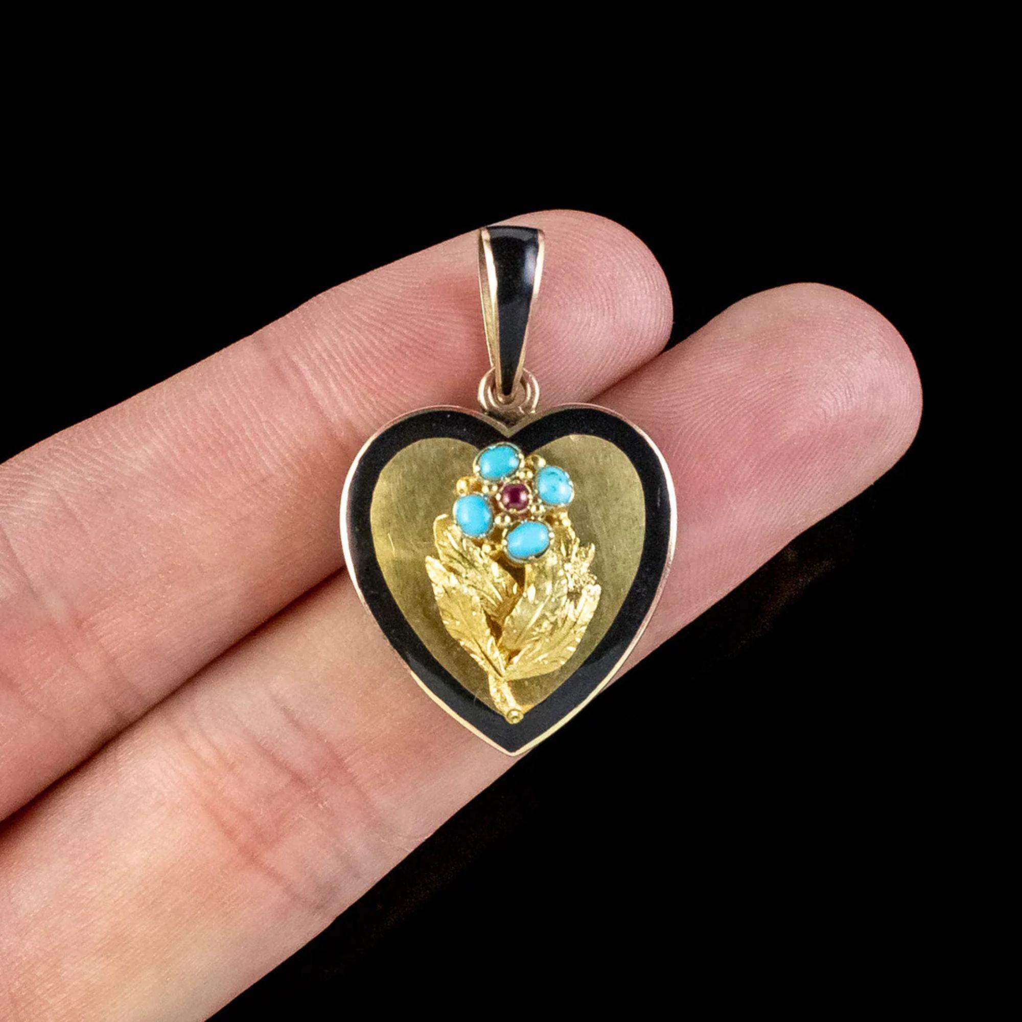 Women's Heart Locket Turquoise Ruby Forget Me Not in 18 Carat Gold, circa 1880-1910 For Sale