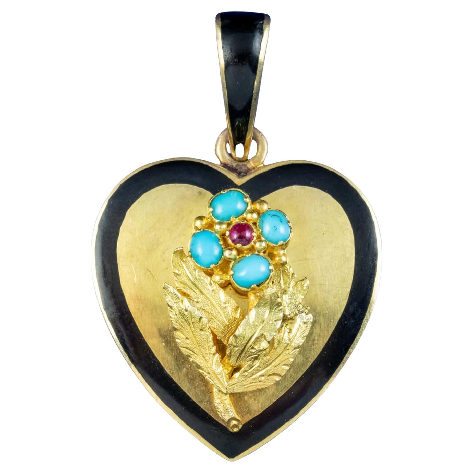 Médaillon en forme de cœur en or 18 carats avec turquoise et rubis « Forget Me Not », vers 1880-1910