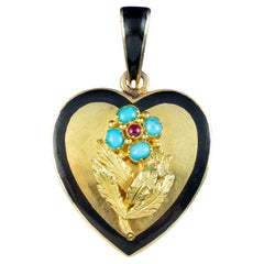 Heart Locket Turquoise Ruby Forget Me Not in 18 Carat Gold, circa 1880-1910