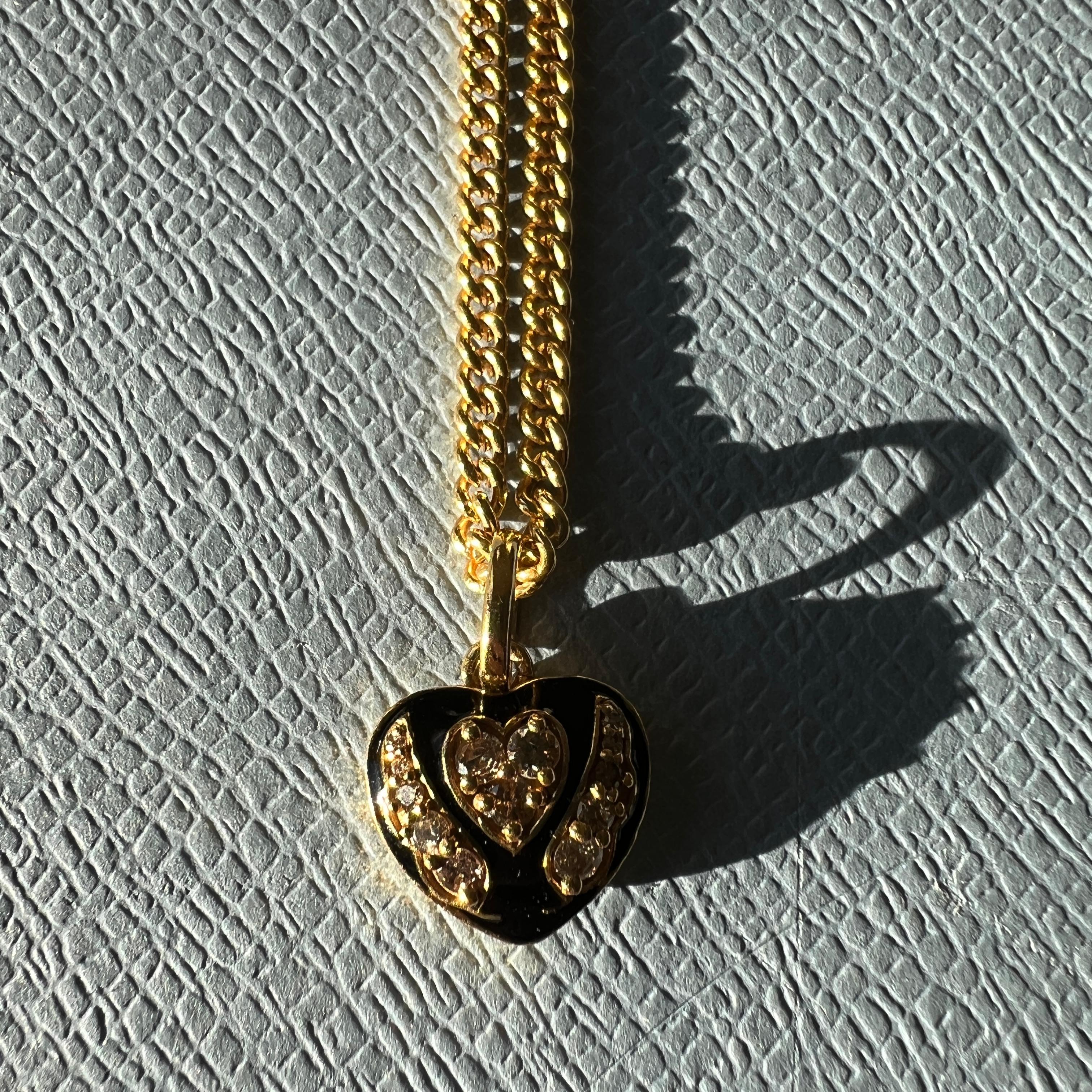 Taglio singolo Memento Mori Collana Cuore Diamante Bianco Smalto Nero in vendita