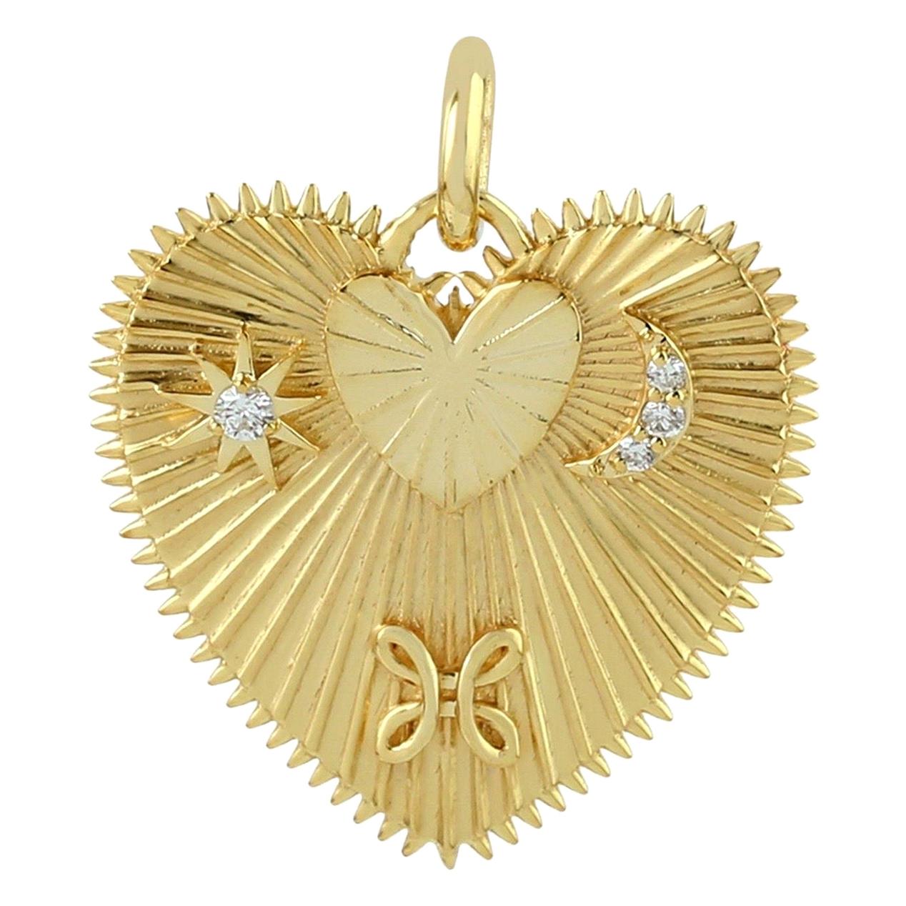 Heart Love Medallion 14 Karat Gold Charm Diamond Pendant Necklace