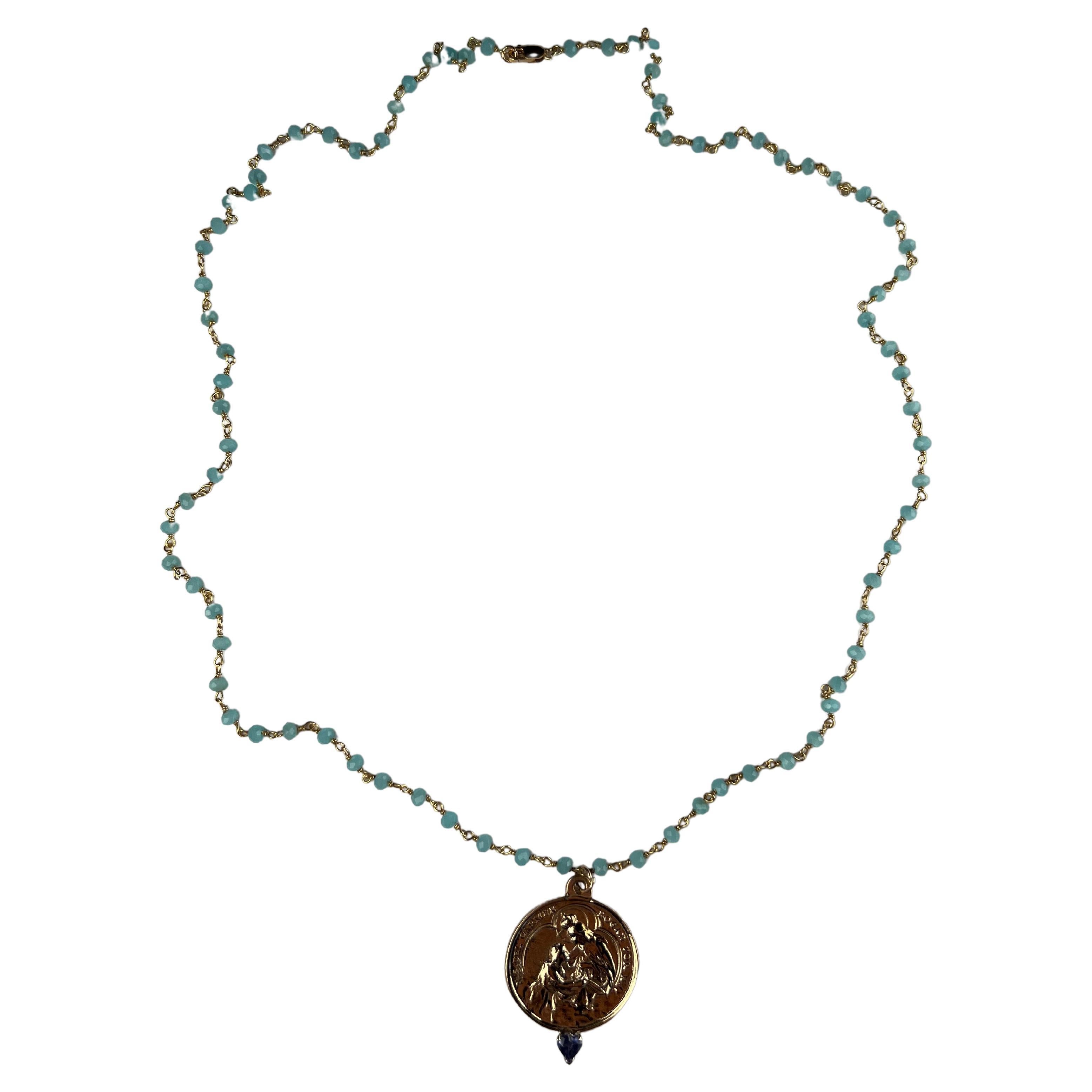Herz-Medaille Halskette Jungfrau Maria Perlenkette Tansanit J Dauphin (Herzschliff) im Angebot