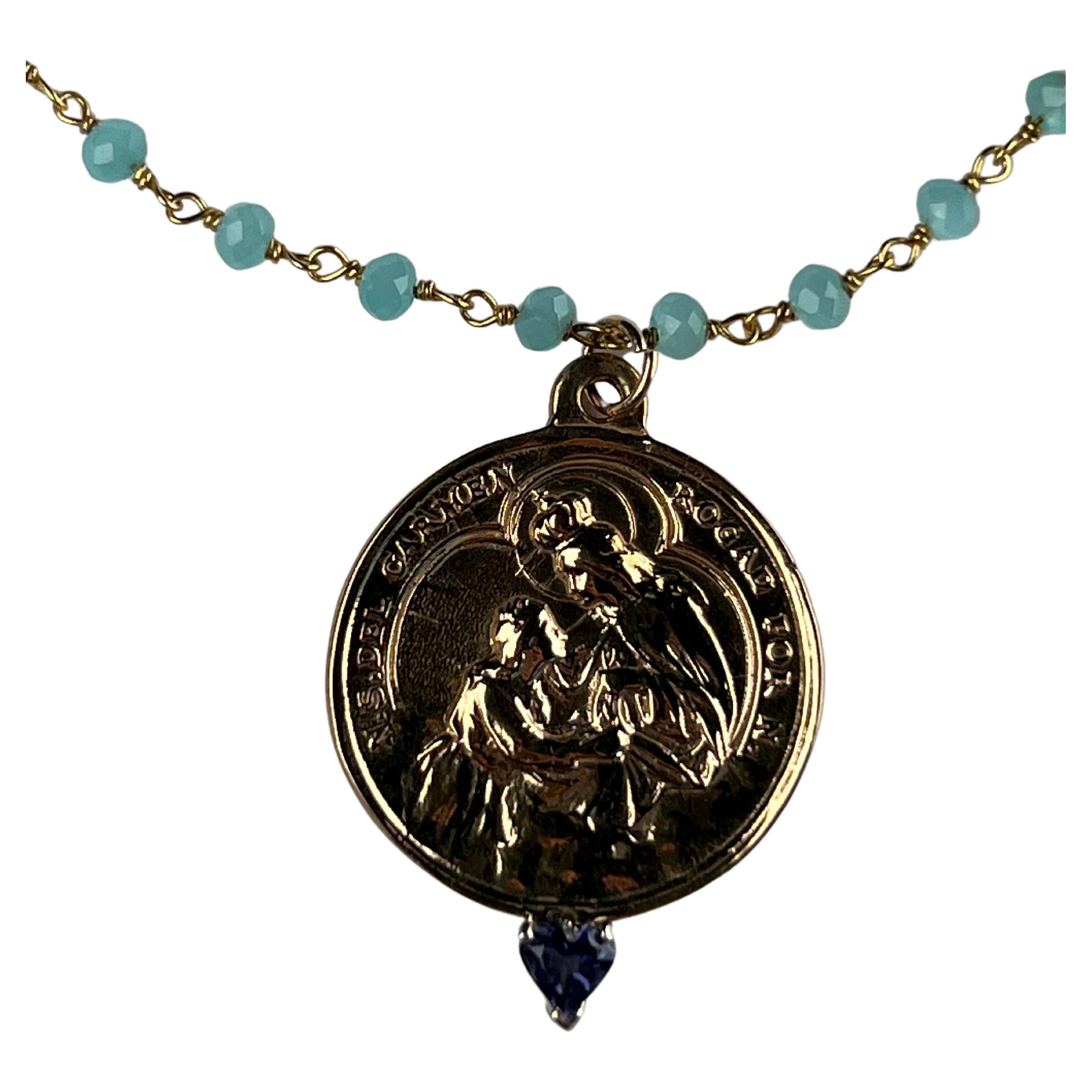 Collier Médaille Coeur Vierge Marie Chaîne de perles Tanzanite J Dauphin Neuf - En vente à Los Angeles, CA