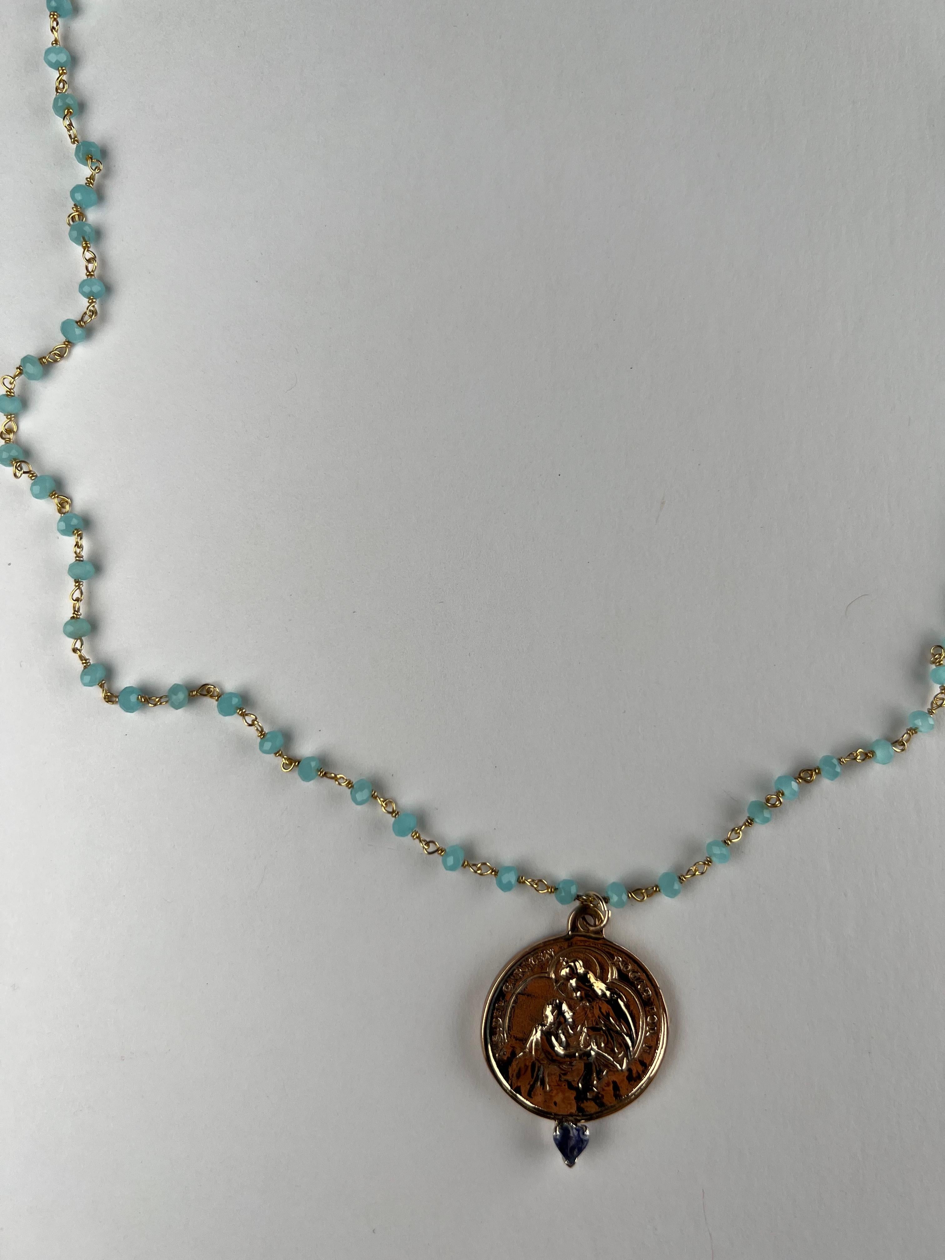 Collier Médaille Coeur Vierge Marie Chaîne de perles Tanzanite J Dauphin en vente 2