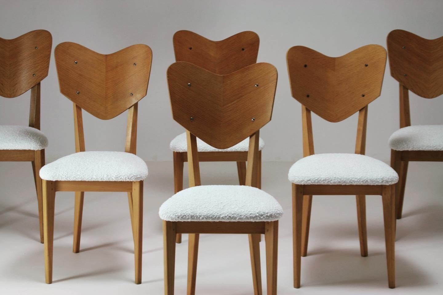 Mid-Century Modern  Heart Model Chairs Attributed to René-Jean Caillette, France, 1950s, Set of 6 For Sale