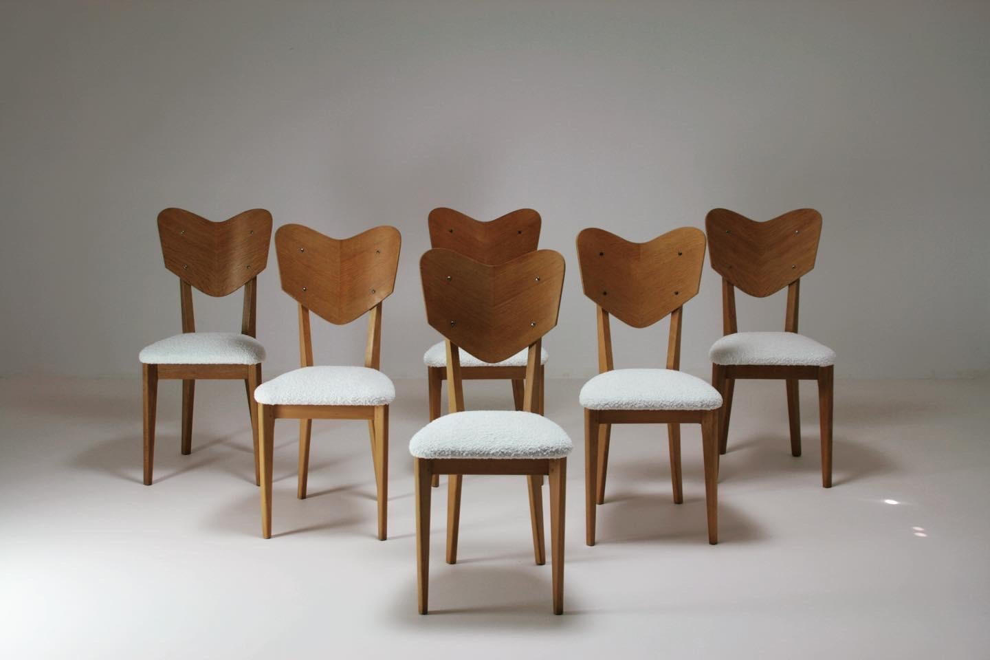 French  Heart Model Chairs Attributed to René-Jean Caillette, France, 1950s, Set of 6 For Sale