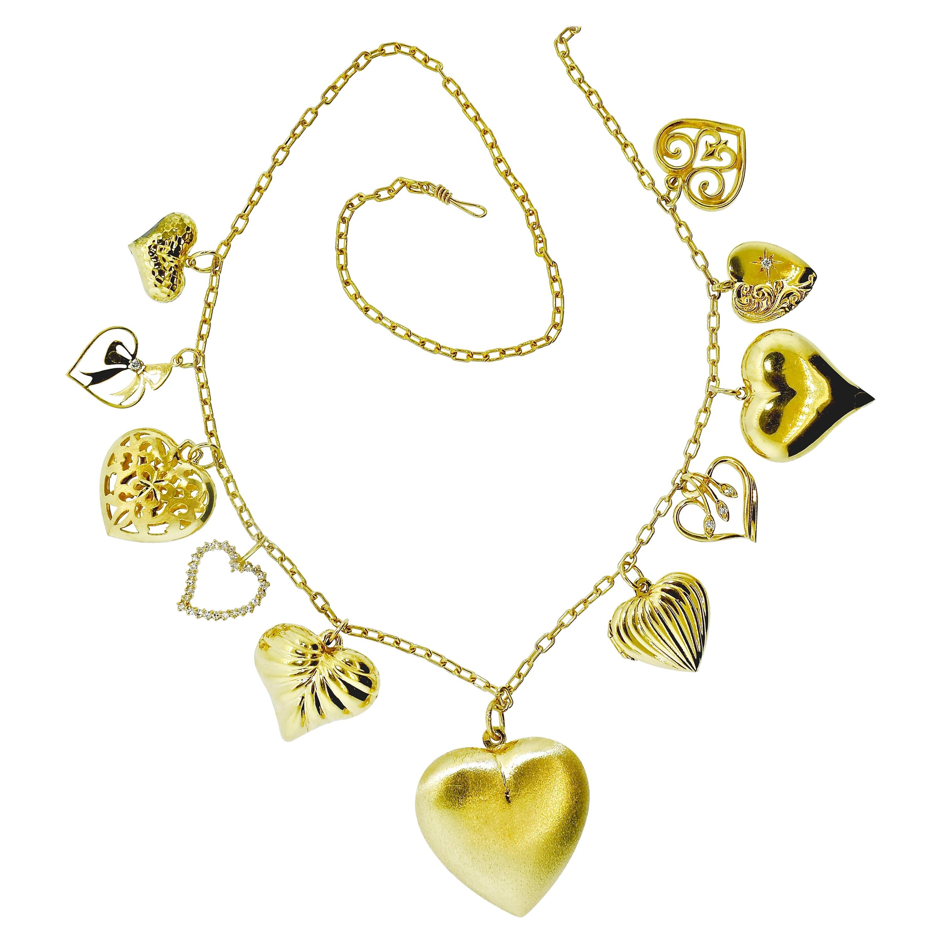 Heart Motif Gold and Diamond Dangling Necklace, circa 1960