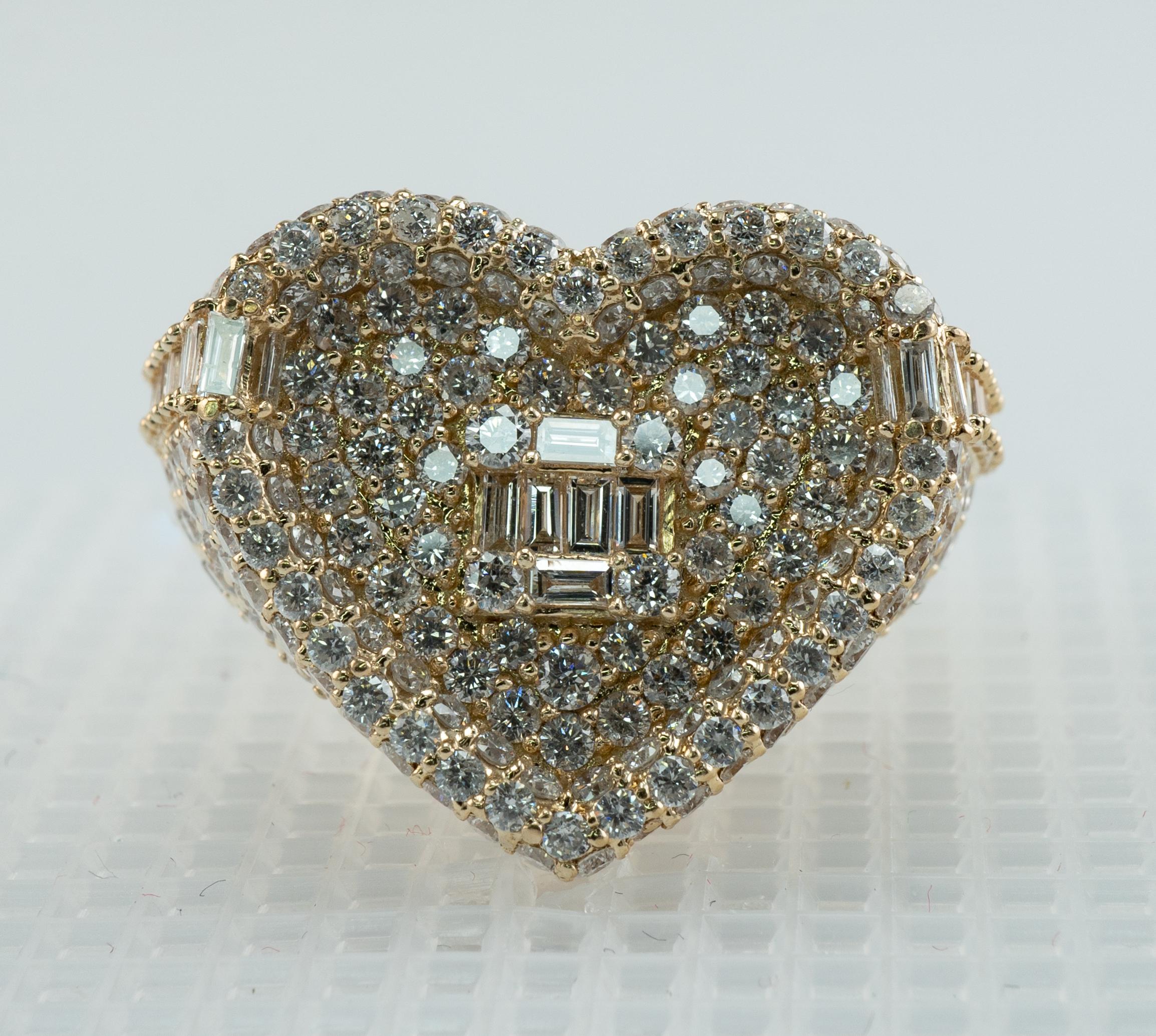 This estate ring is made in the shape of Heart.
The ring is studded with about 295 round diamonds and 26 diamond baguettes.
The diamonds are SI1-SI2 clarity and H color.
The total diamond weight for the ring is about 3.74 carats.
The face of the