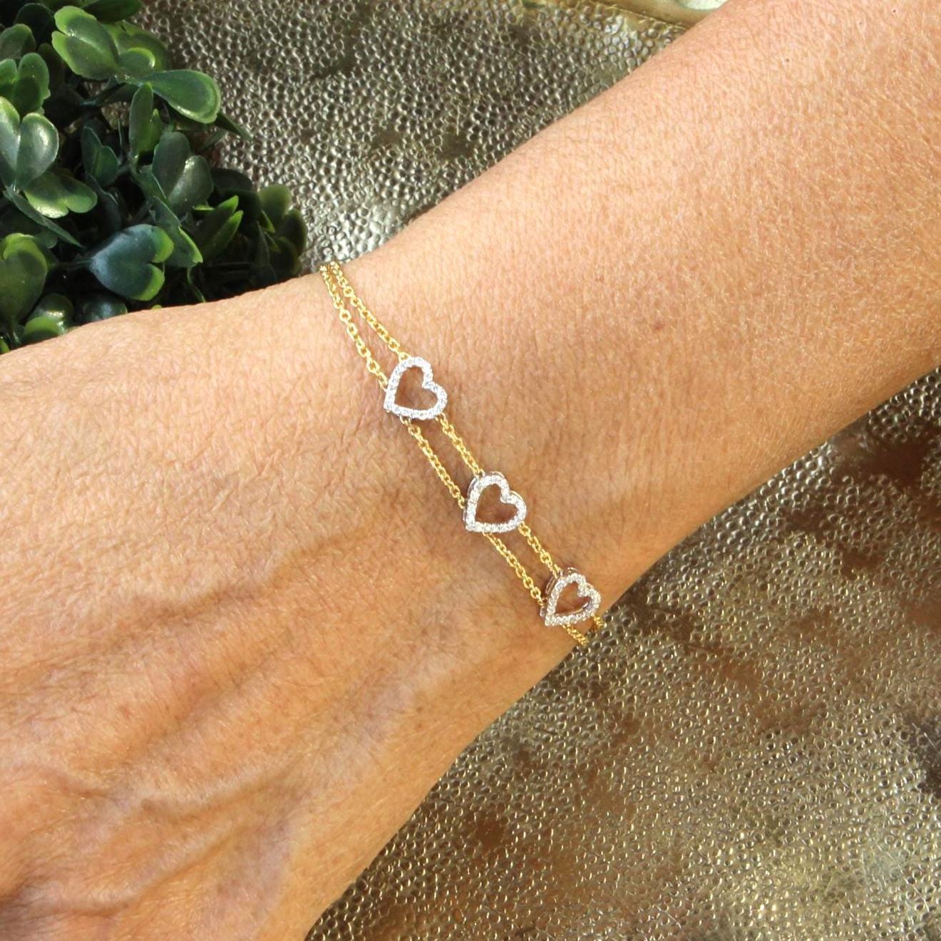 Taglio rotondo Bracciale impilabile con diamanti naturali a forma di cuore in oro massiccio 14k (certificato) in vendita