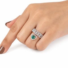 1.18 Carat Heart Natural Emerald Diamond Cuban Link Charm Ring, 14k White Gold