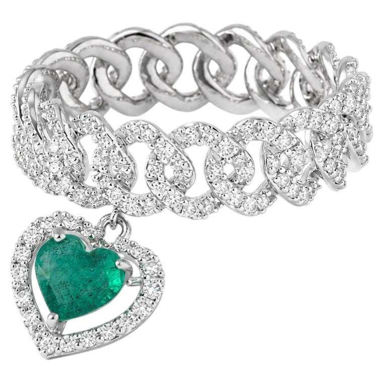 Heart Natural Emerald & Diamond Cuban Charm Ring in 14k Solid Gold (Certified)