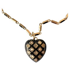 Heart Pendant Necklace Black Enamel Diamond Pearl Memento Mori Style