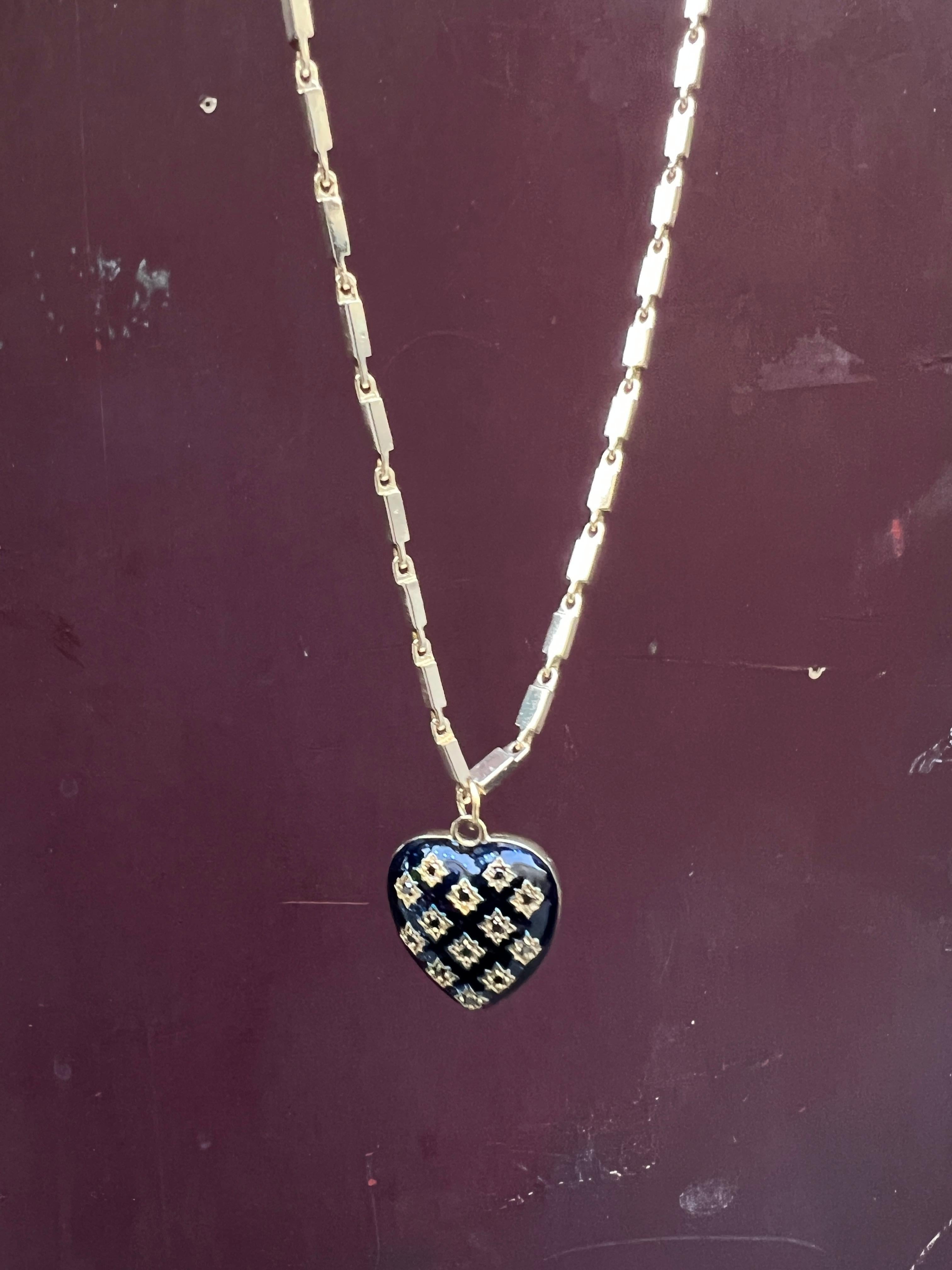 Single Cut Heart Necklace Diamond Black Enamel Victorian Style For Sale