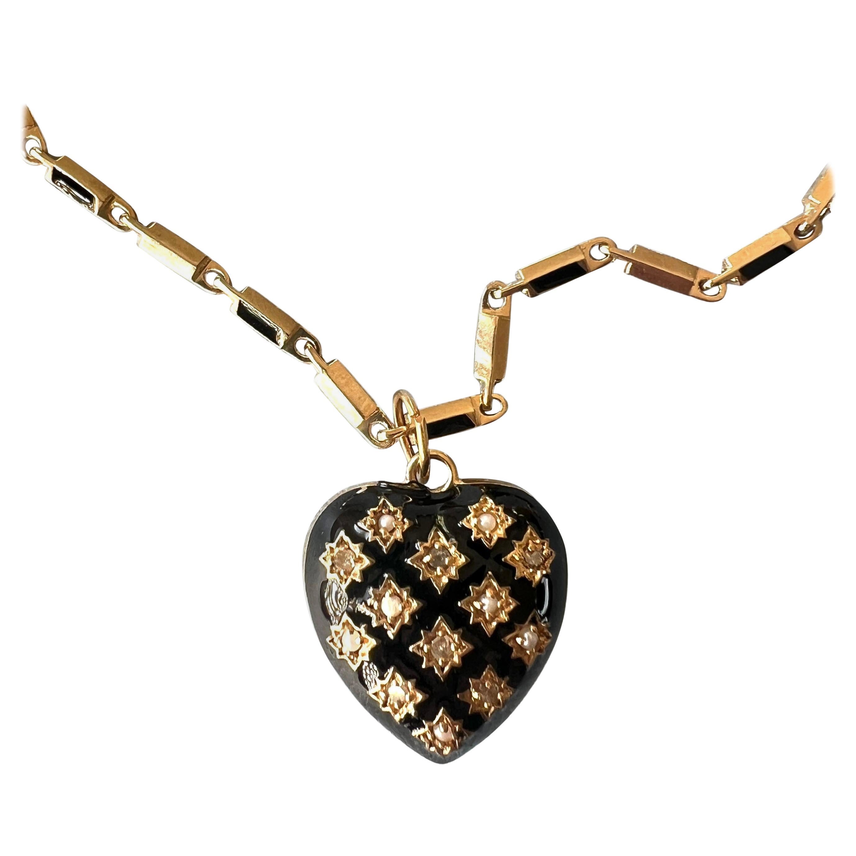 Heart Necklace Diamond Black Enamel Victorian Style For Sale