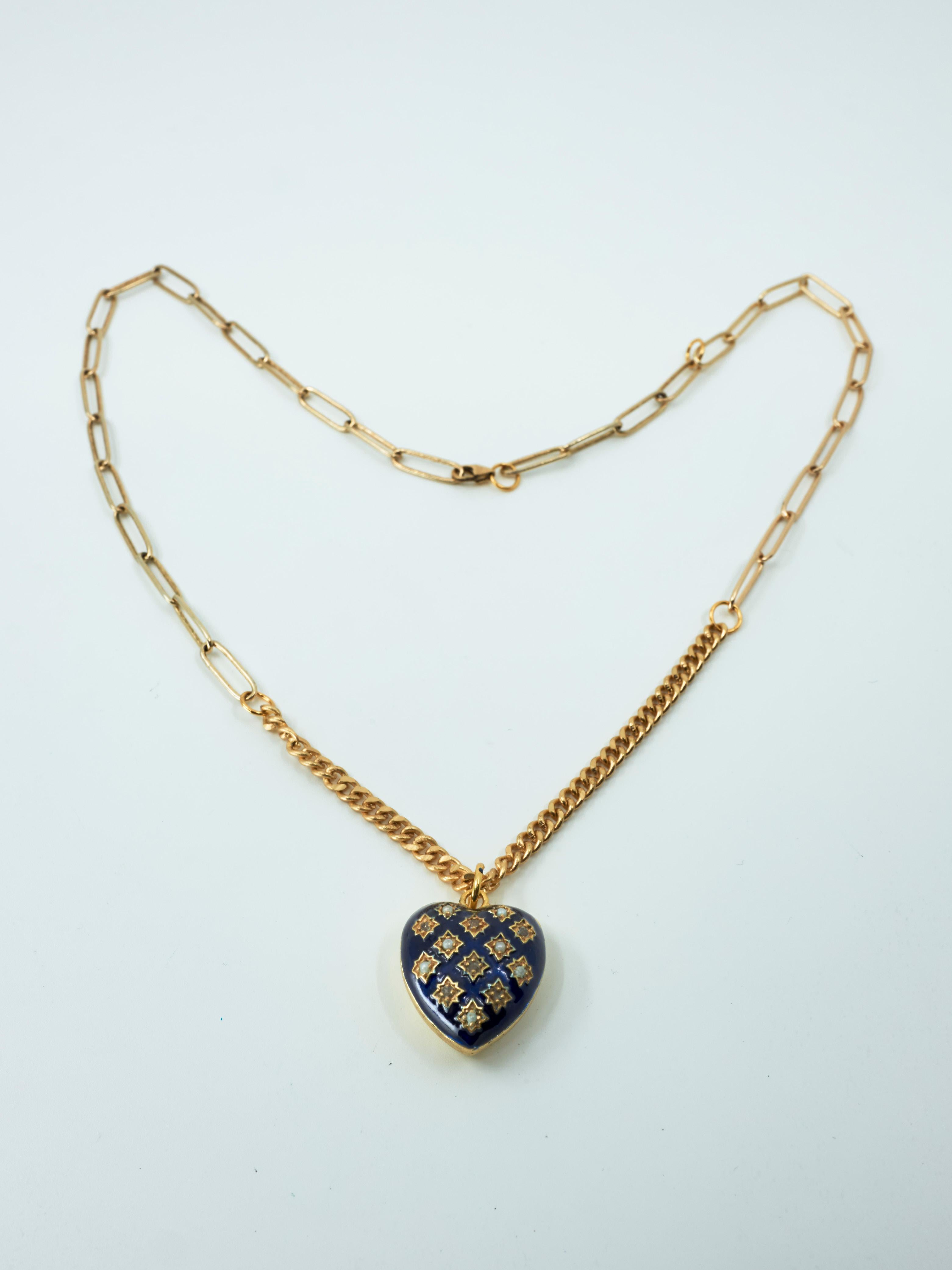 Heart Necklace Diamond Pearl Blue Enamel Gold Plated View 2