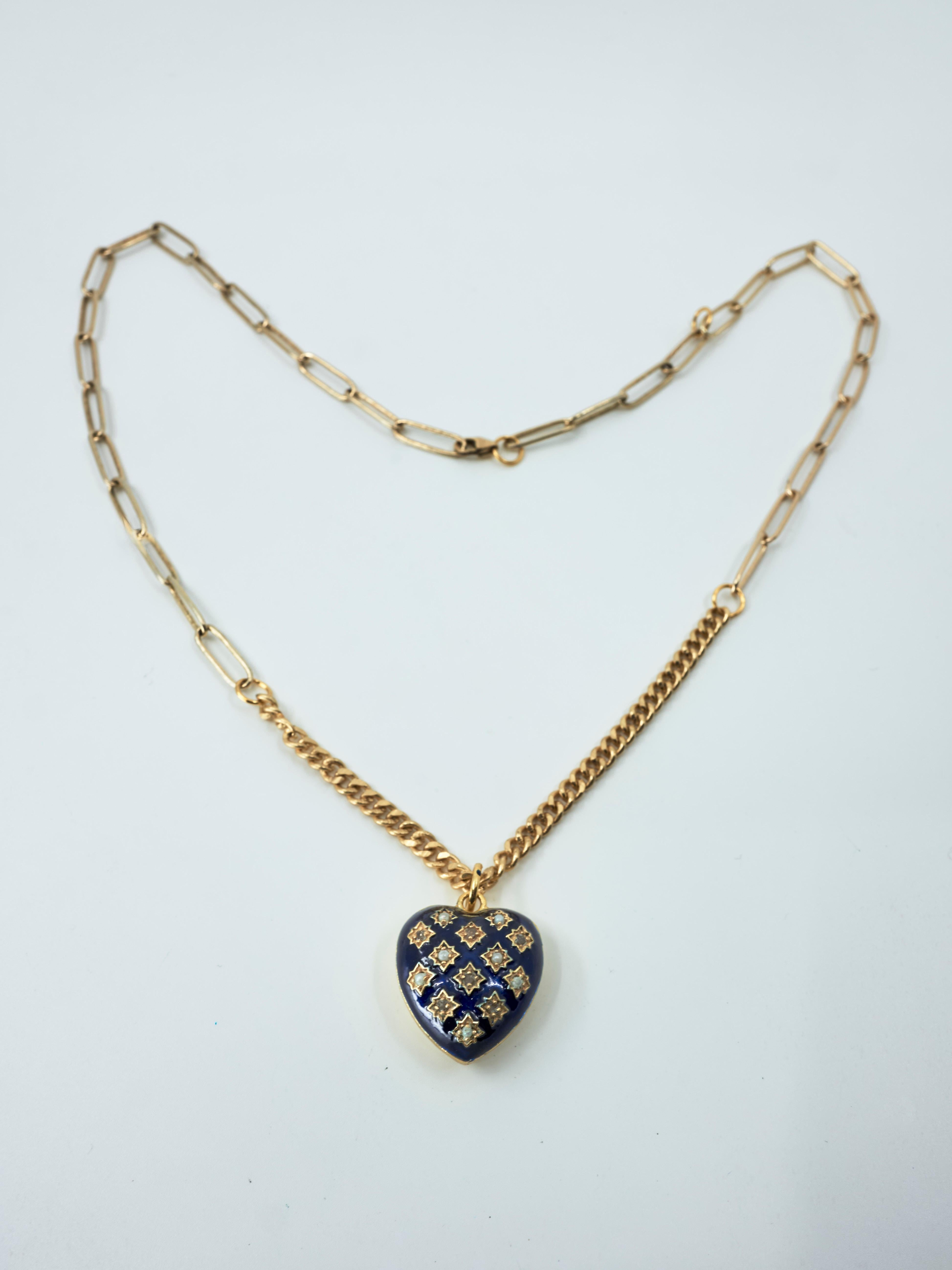 Heart Necklace Diamond Pearl Blue Enamel Gold Plated View 3