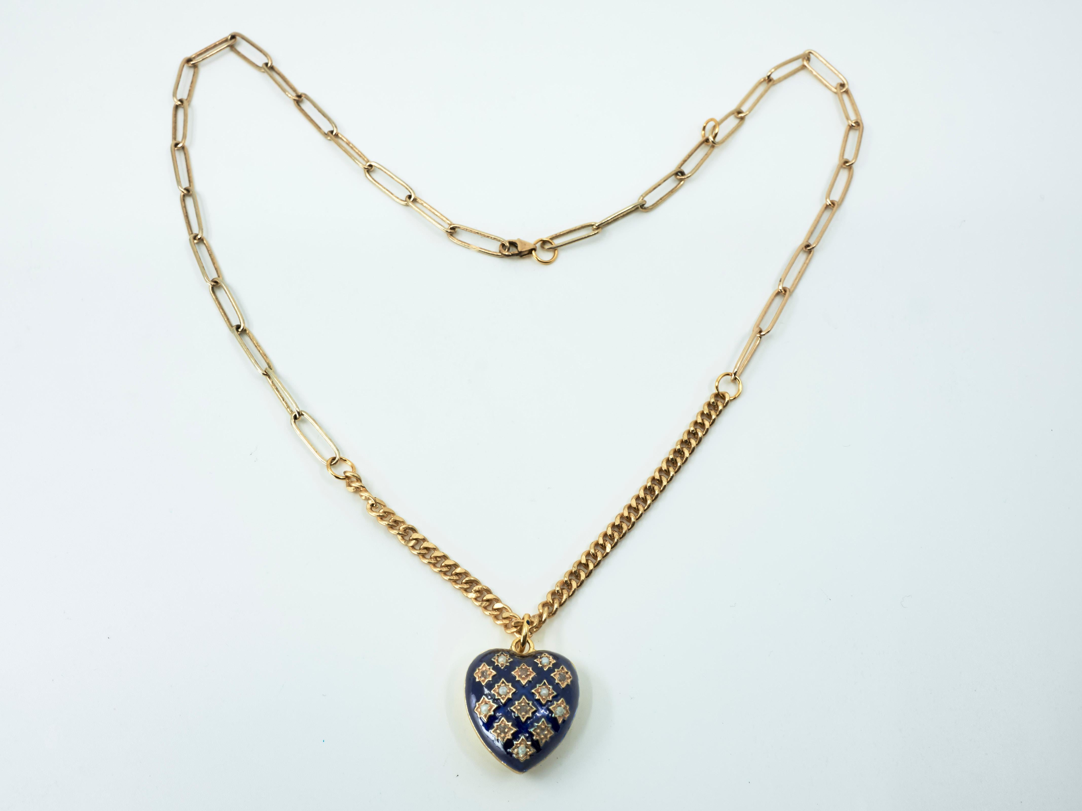 Heart Necklace Diamond Pearl Blue Enamel Gold Plated View 4