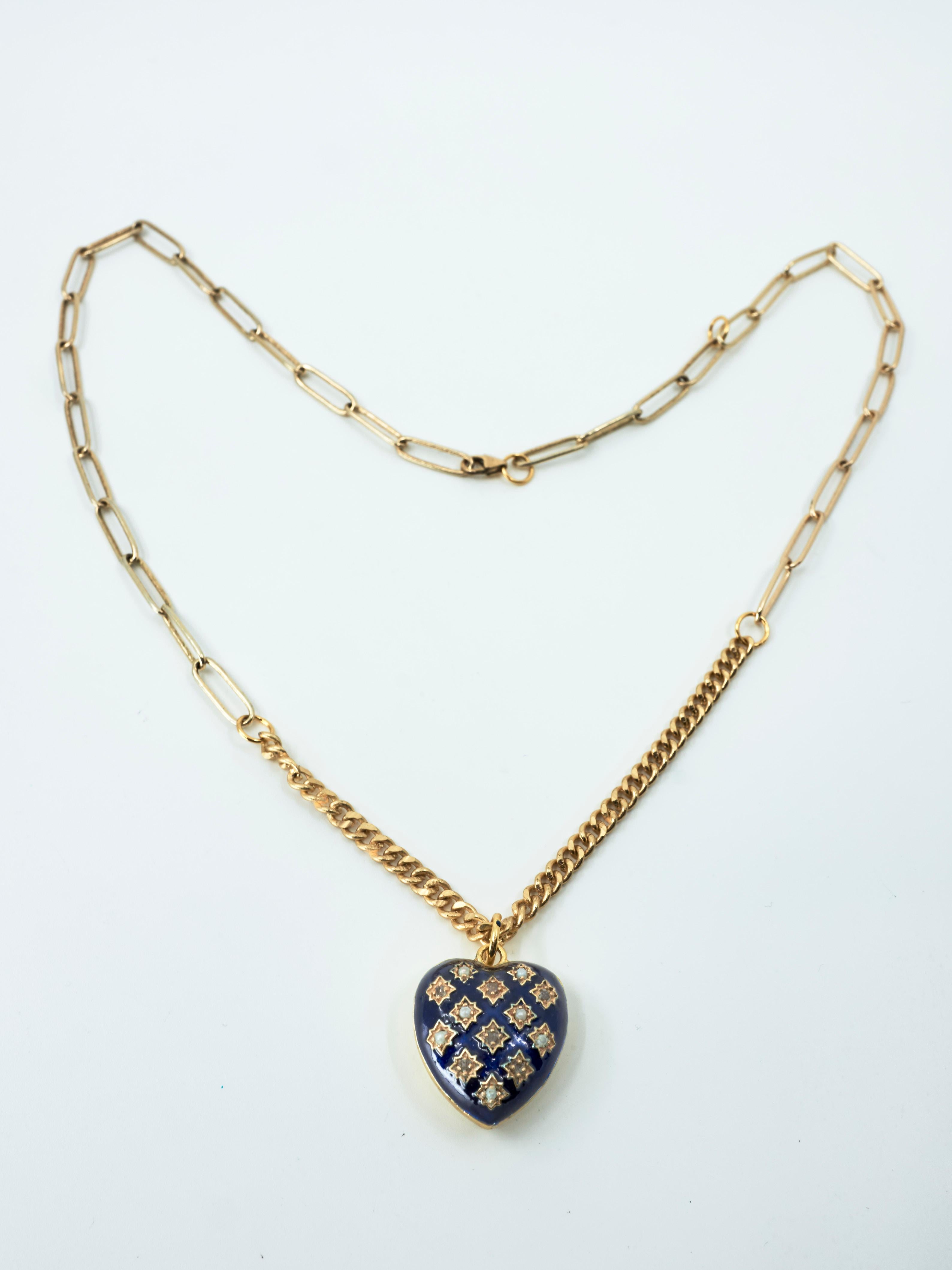 Heart Necklace Diamond Pearl Blue Enamel Gold Plated View 5