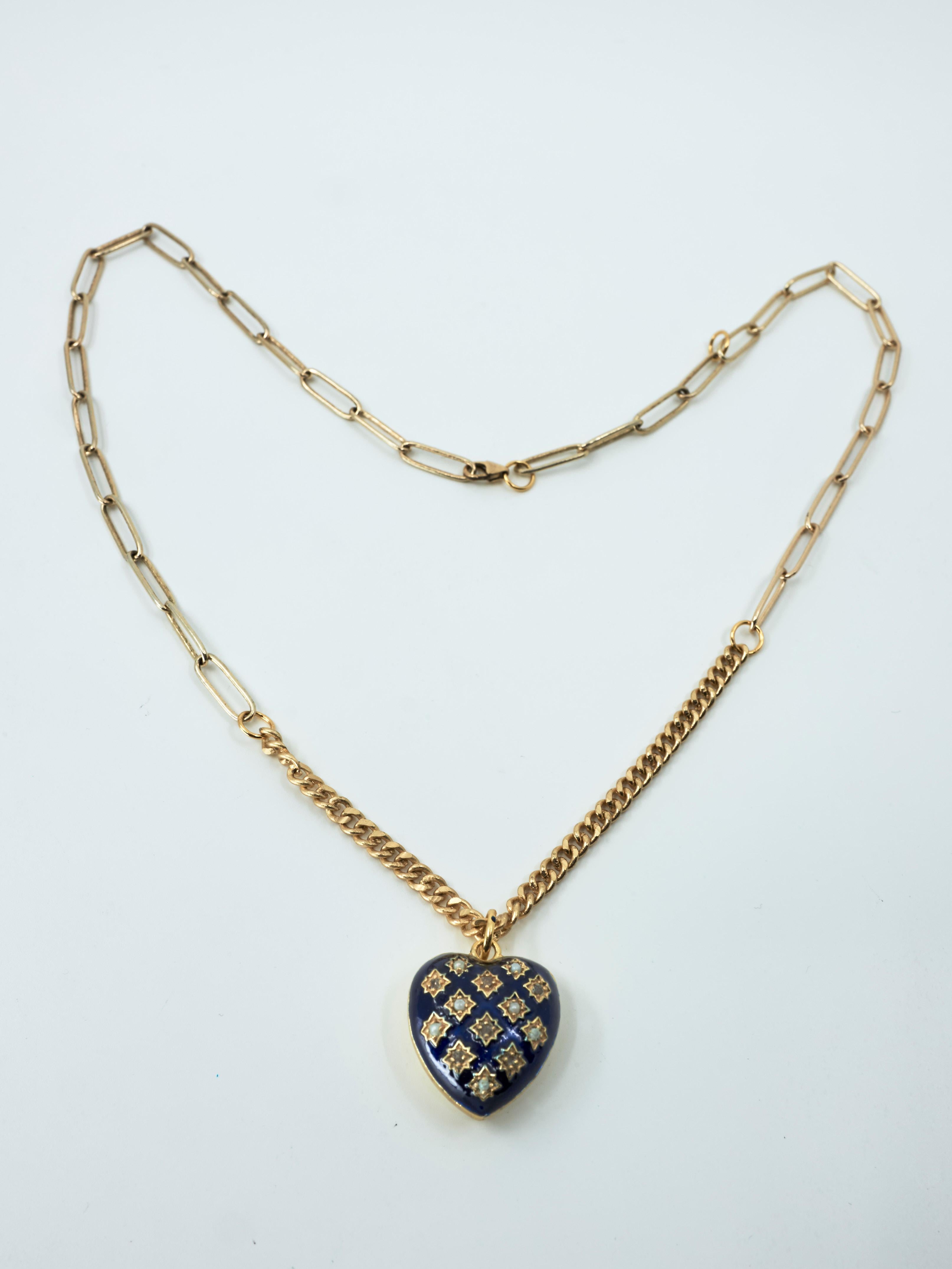 Heart Necklace Diamond Pearl Blue Enamel Gold Plated View 6