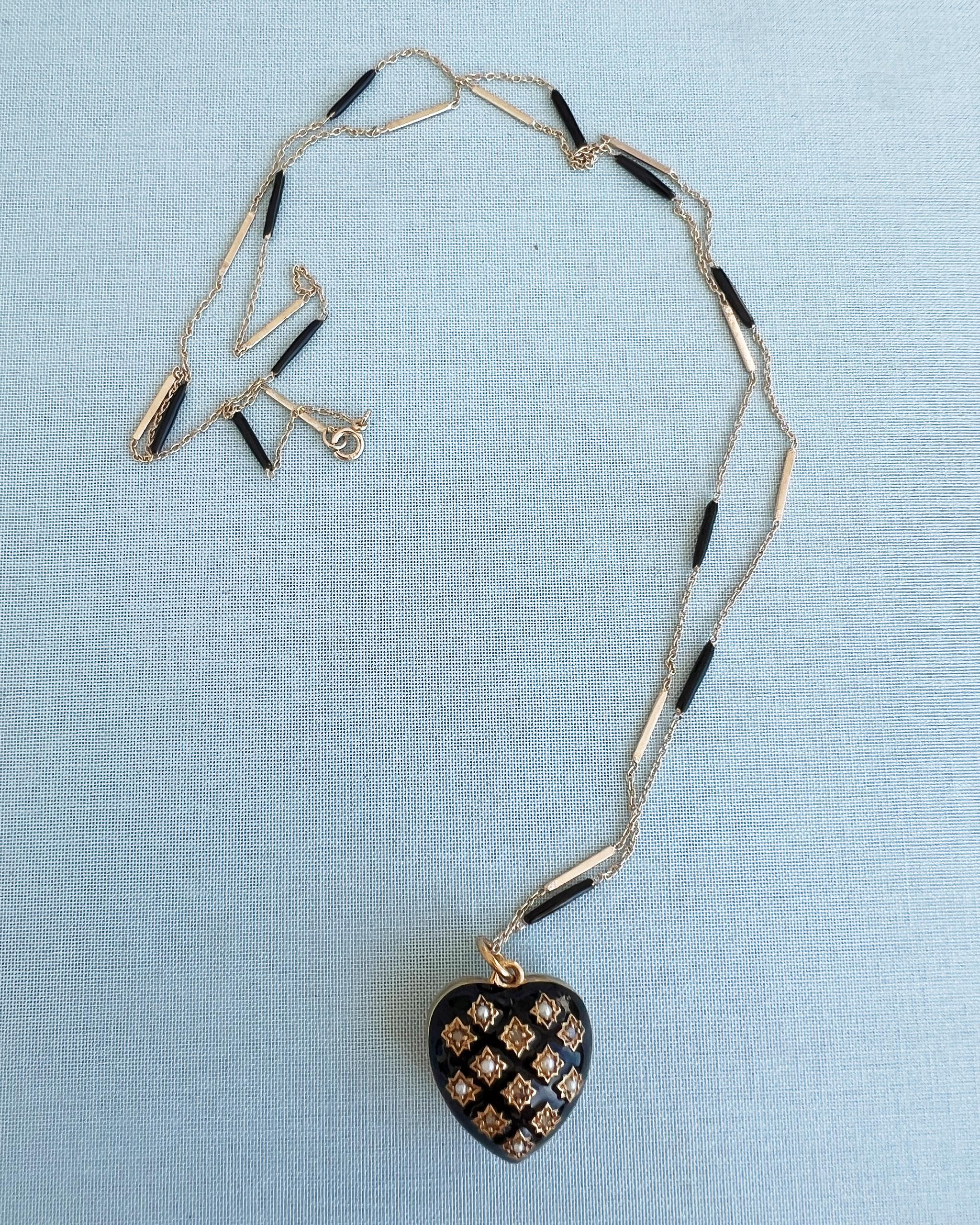 Collana Cuore Diamante Perla Smalto Nero Stile Vittoriano in vendita 7