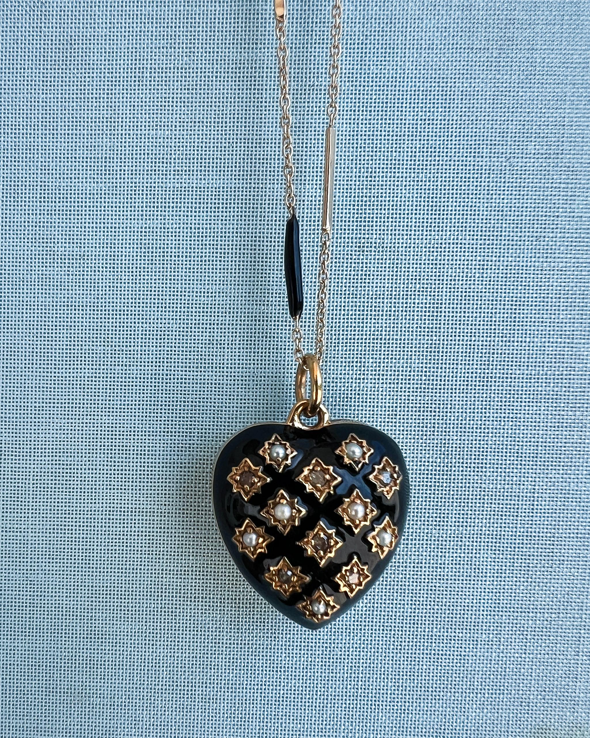 Taglio singolo Collana Cuore Diamante Perla Smalto Nero Stile Vittoriano in vendita
