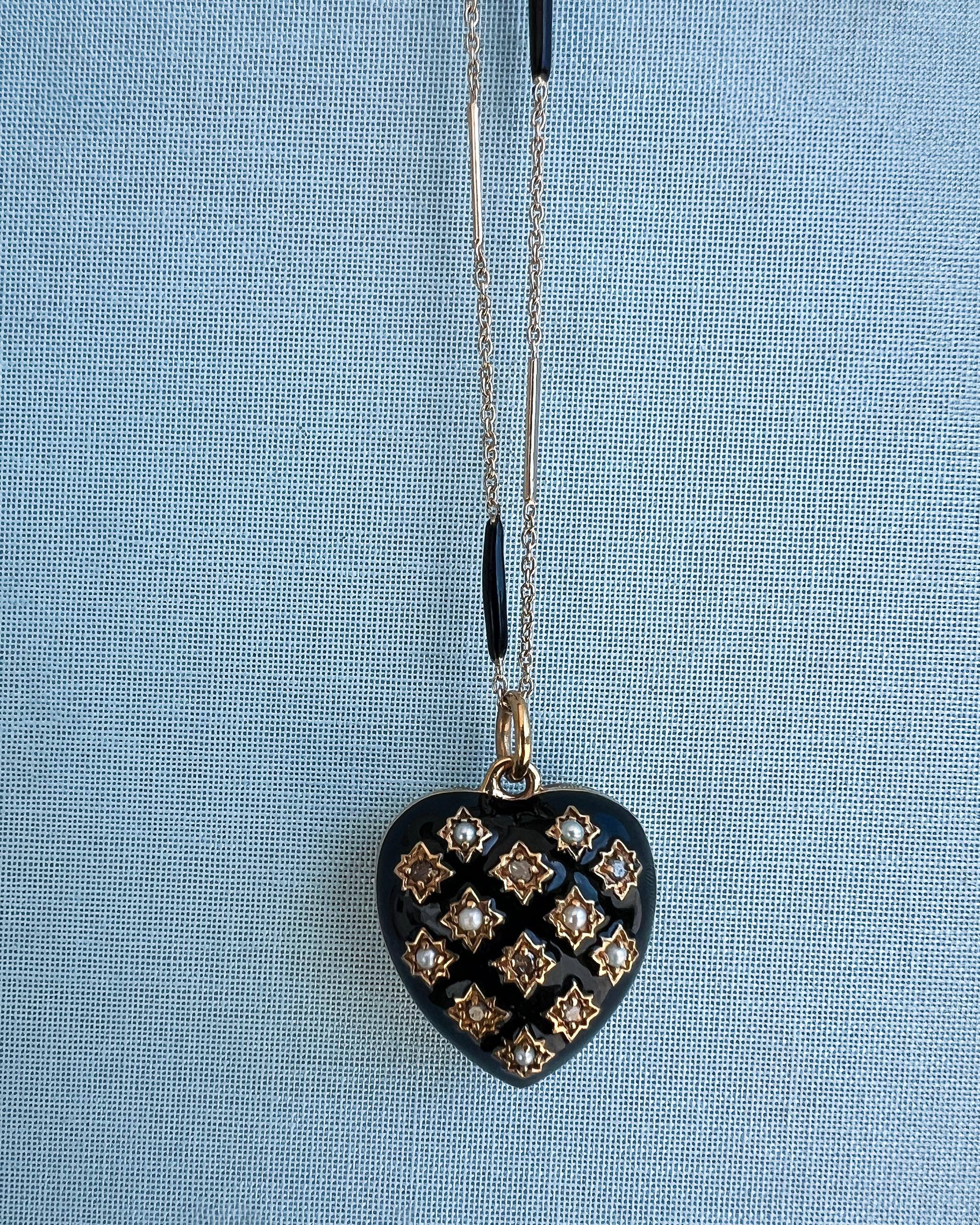 Collana Cuore Diamante Perla Smalto Nero Stile Vittoriano in vendita 1