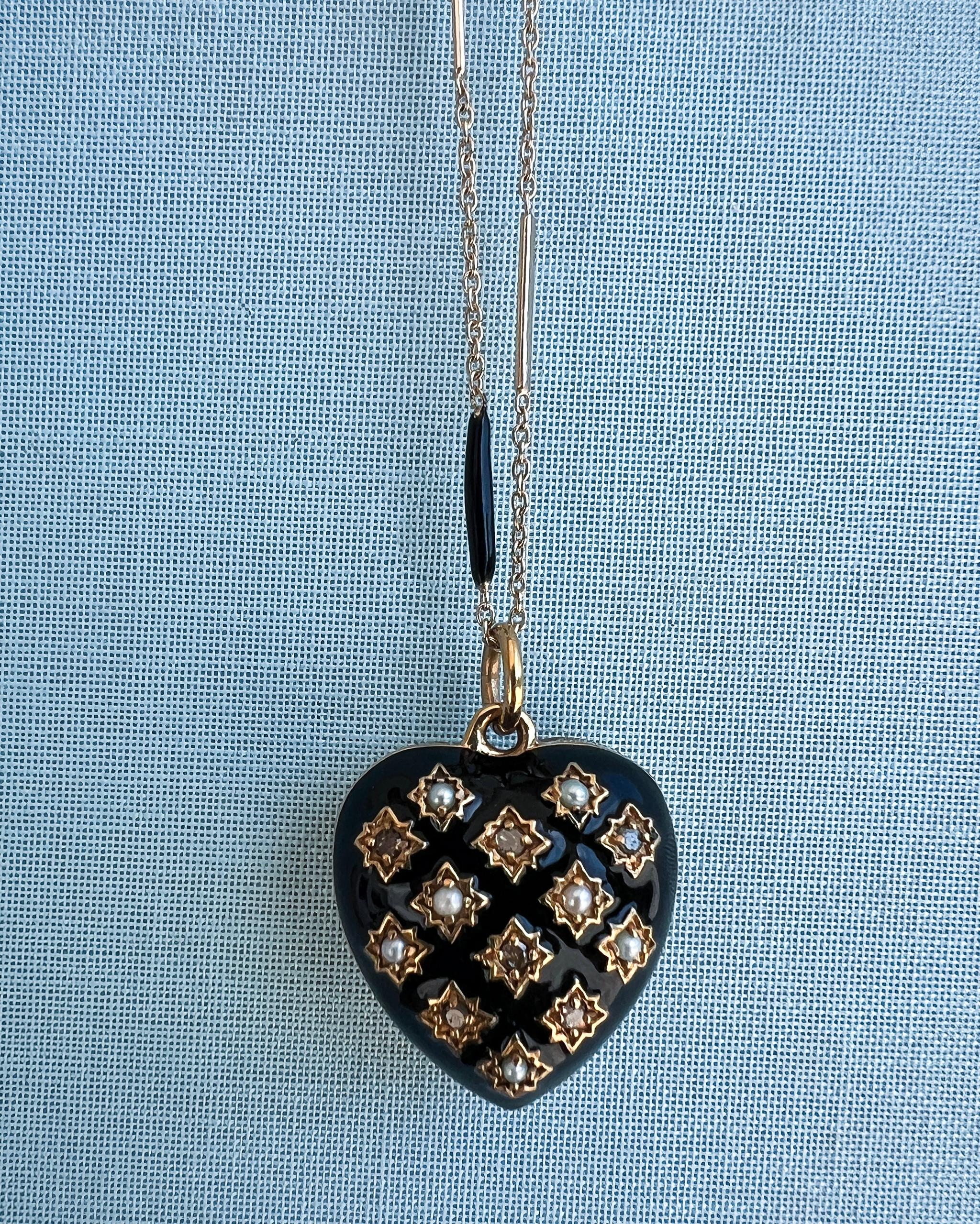 Collana Cuore Diamante Perla Smalto Nero Stile Vittoriano in vendita 2