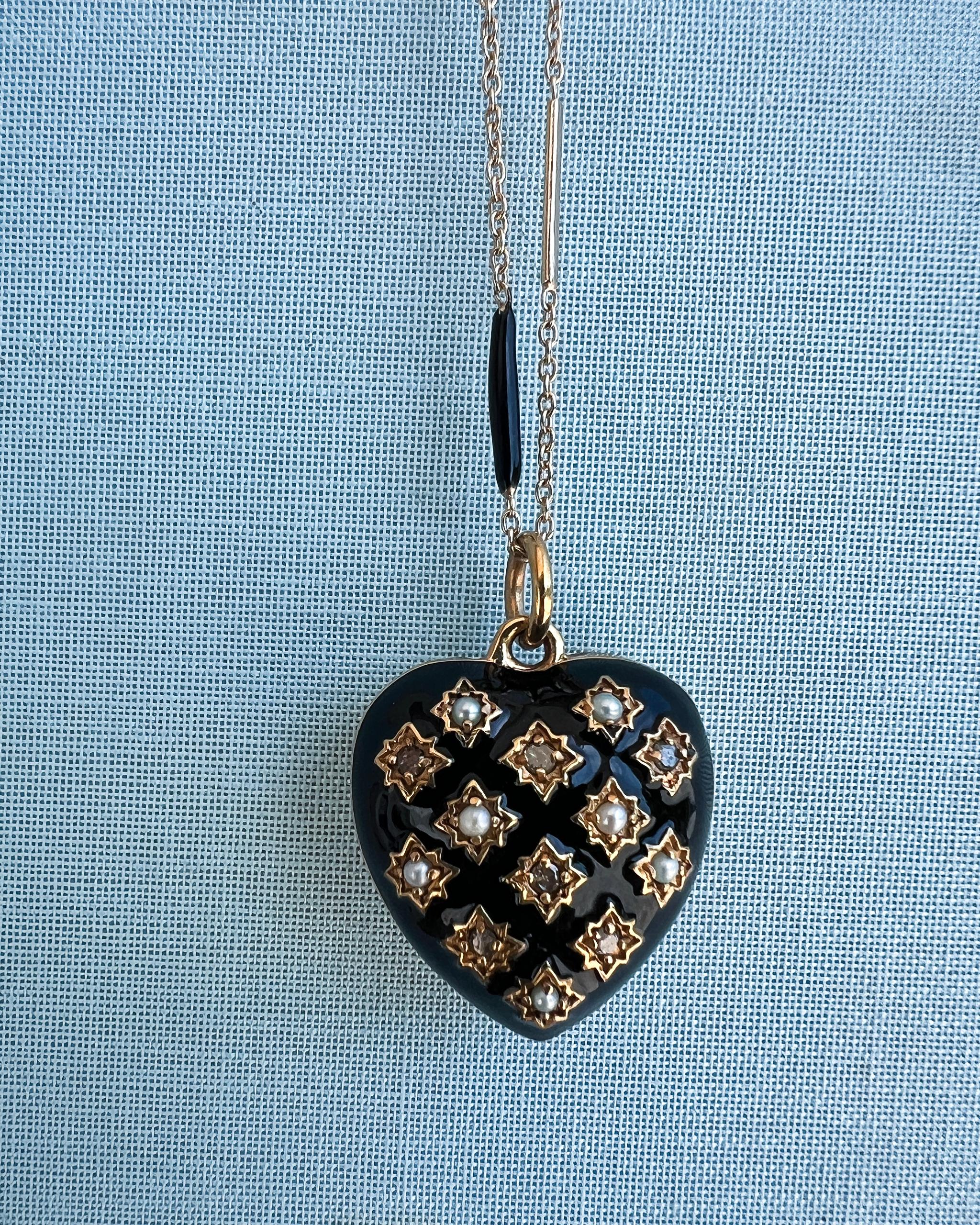 Collana Cuore Diamante Perla Smalto Nero Stile Vittoriano in vendita 3