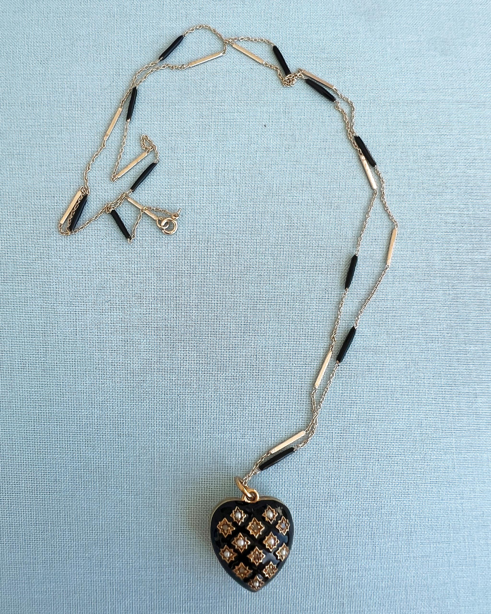 Collana Cuore Diamante Perla Smalto Nero Stile Vittoriano in vendita 4