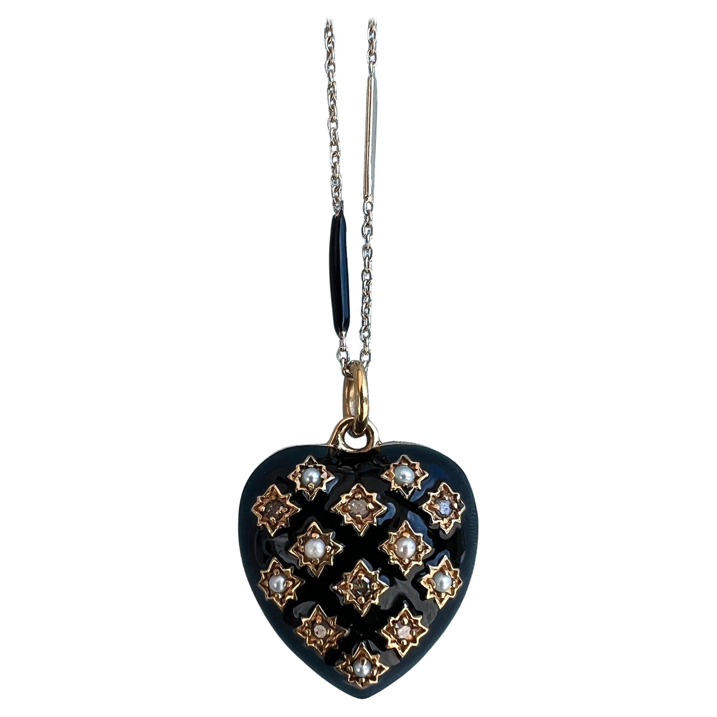 Collana Cuore Diamante Perla Smalto Nero Stile Vittoriano in vendita
