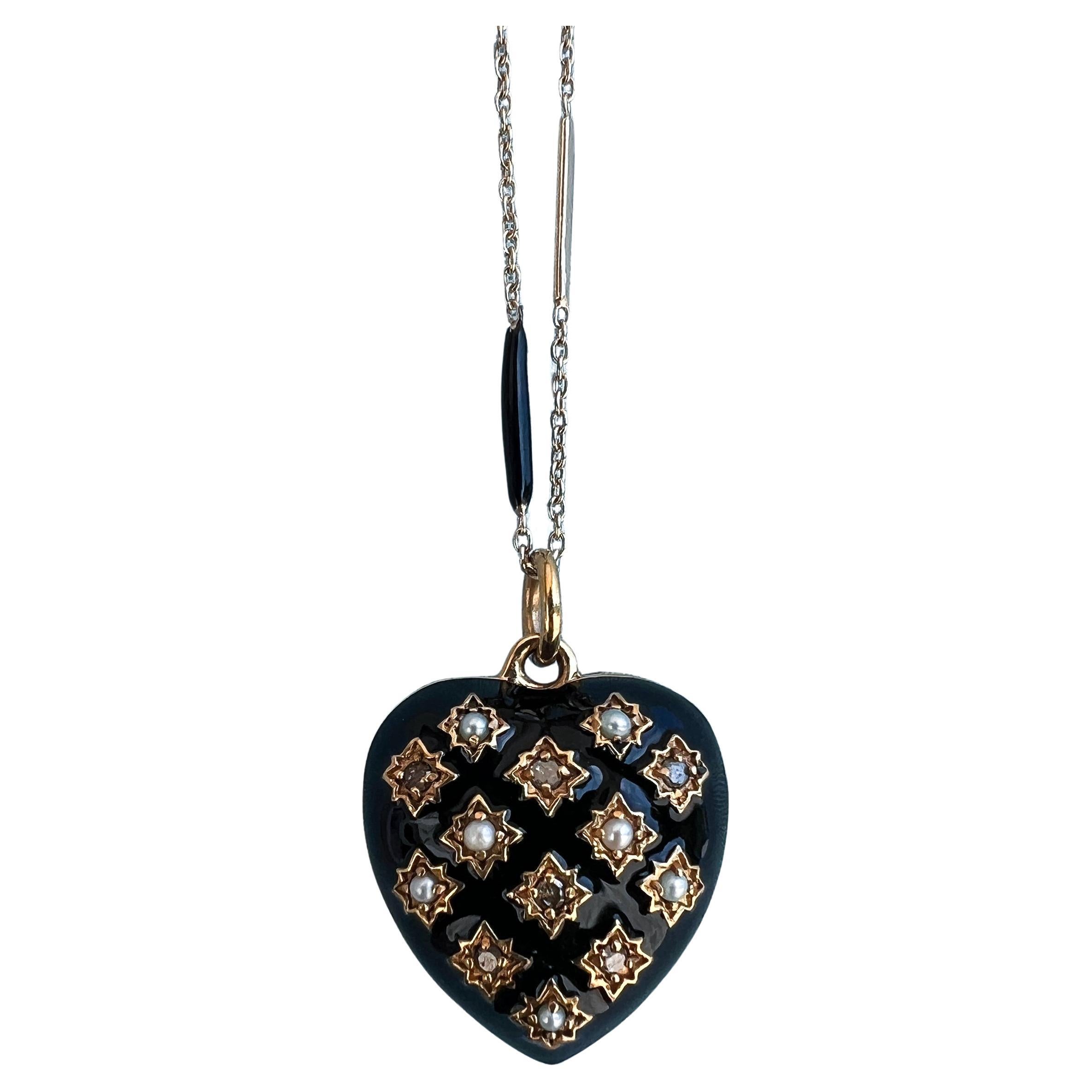Collana Cuore Diamante Perla Smalto Nero Stile Vittoriano in vendita